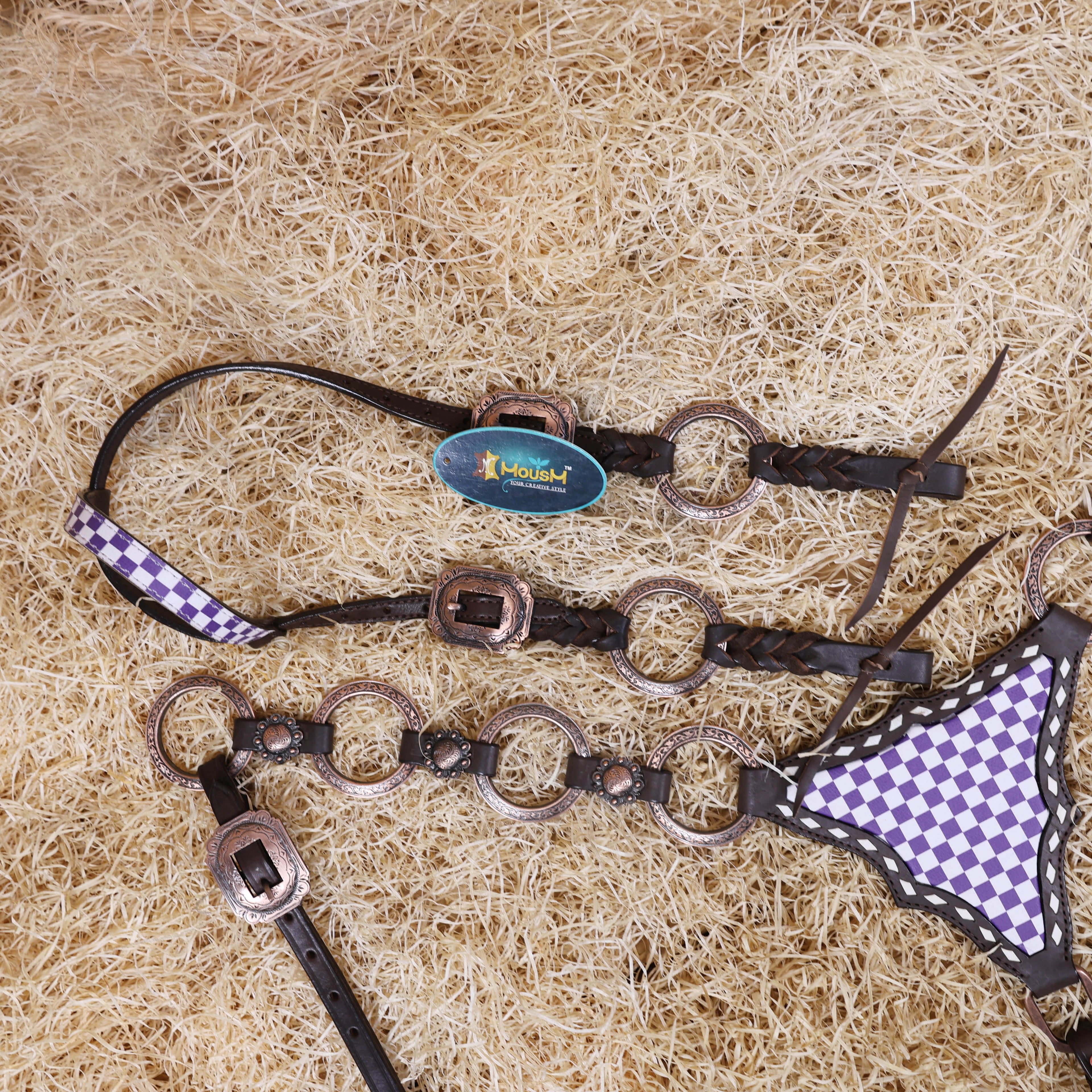 MOUSM Western One Ear Headstall Set – Handcrafted from Genuine Argentine Leather, Featuring a Purple and White Checkered Gladiator Breast Collar with Engraved Metal Rings, Braided Cheekpieces, and Berry Conchos