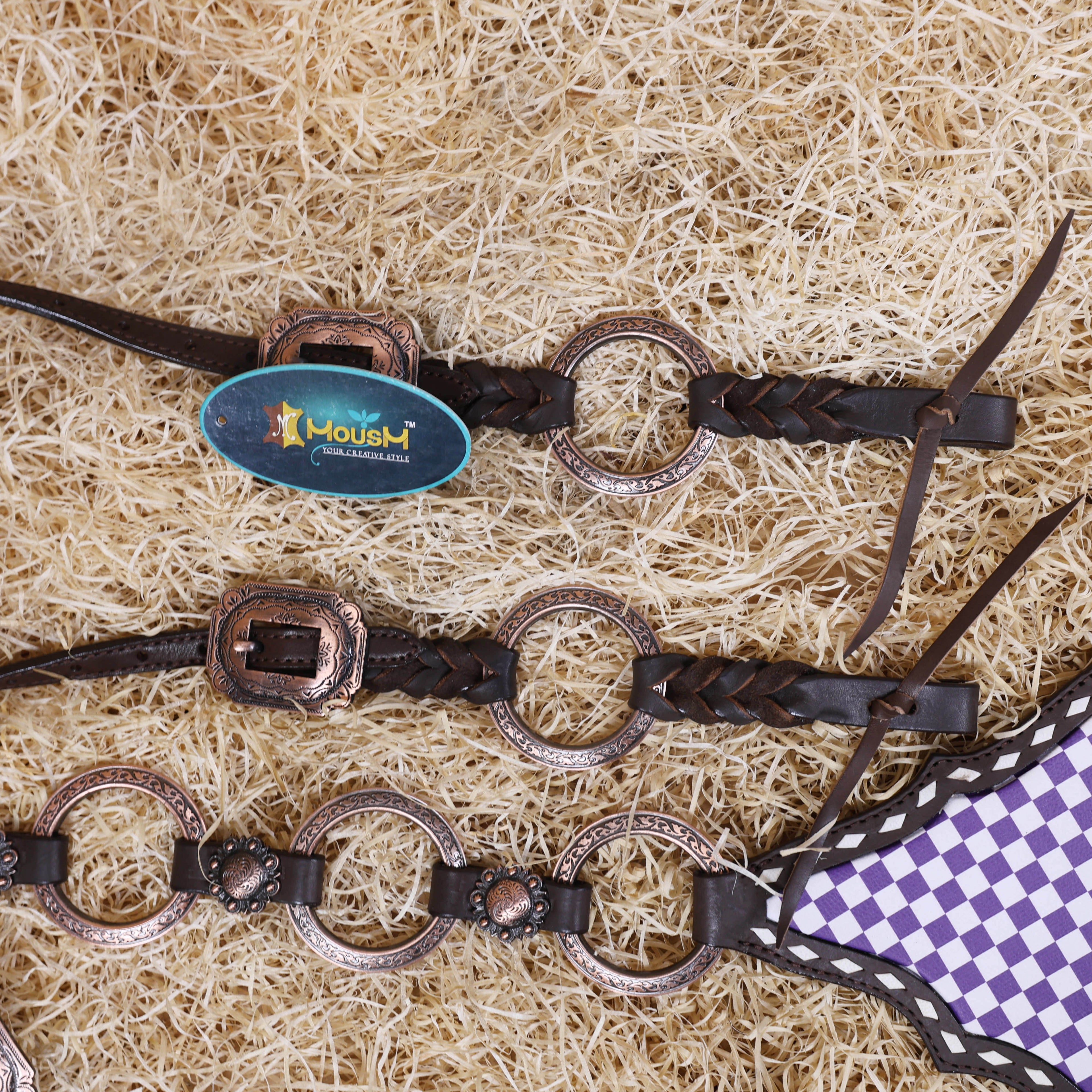 MOUSM Western One Ear Headstall Set – Handcrafted from Genuine Argentine Leather, Featuring a Purple and White Checkered Gladiator Breast Collar with Engraved Metal Rings, Braided Cheekpieces, and Berry Conchos