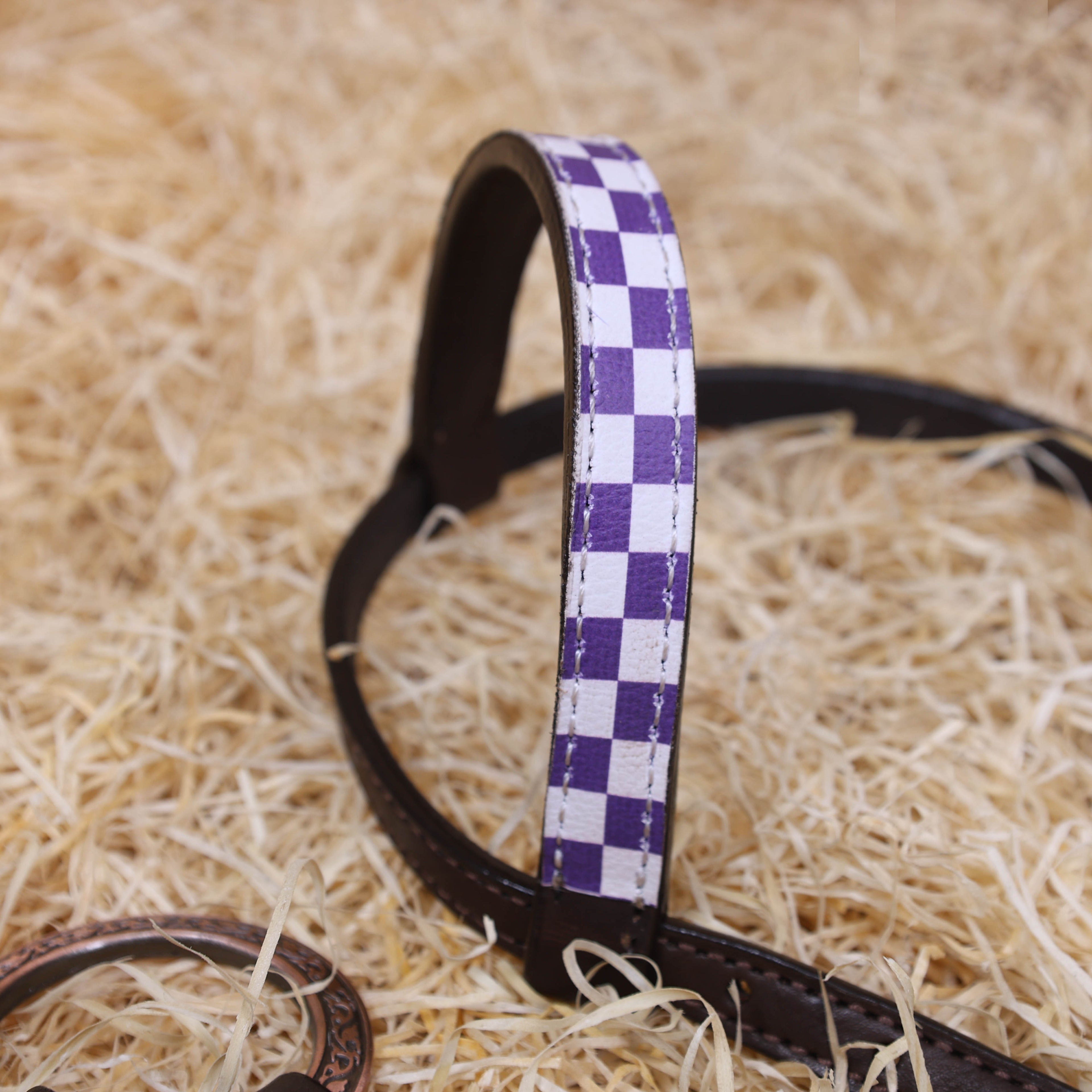 MOUSM Western One Ear Headstall Set – Handcrafted from Genuine Argentine Leather, Featuring a Purple and White Checkered Gladiator Breast Collar with Engraved Metal Rings, Braided Cheekpieces, and Berry Conchos