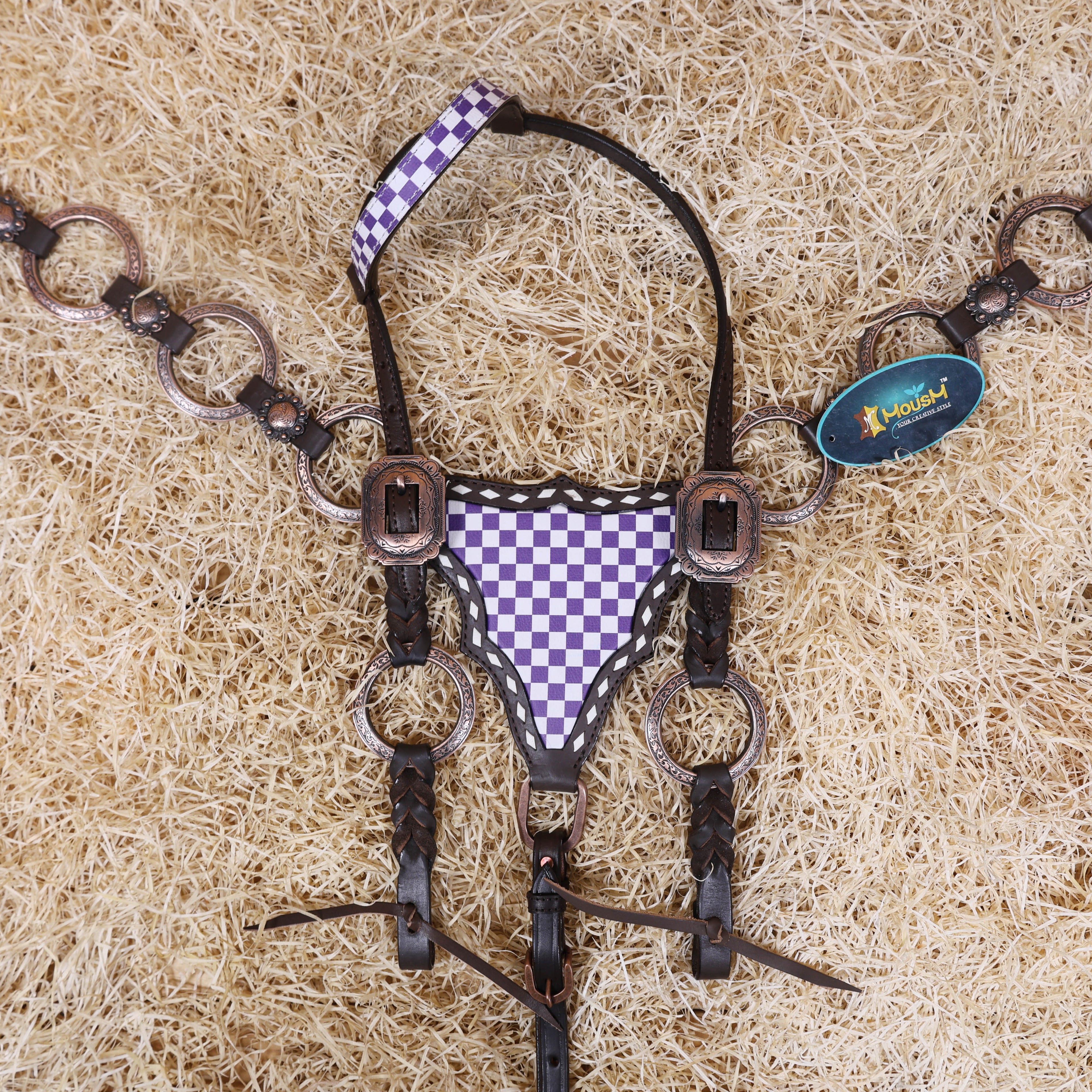 MOUSM Western One Ear Headstall Set – Handcrafted from Genuine Argentine Leather, Featuring a Purple and White Checkered Gladiator Breast Collar with Engraved Metal Rings, Braided Cheekpieces, and Berry Conchos