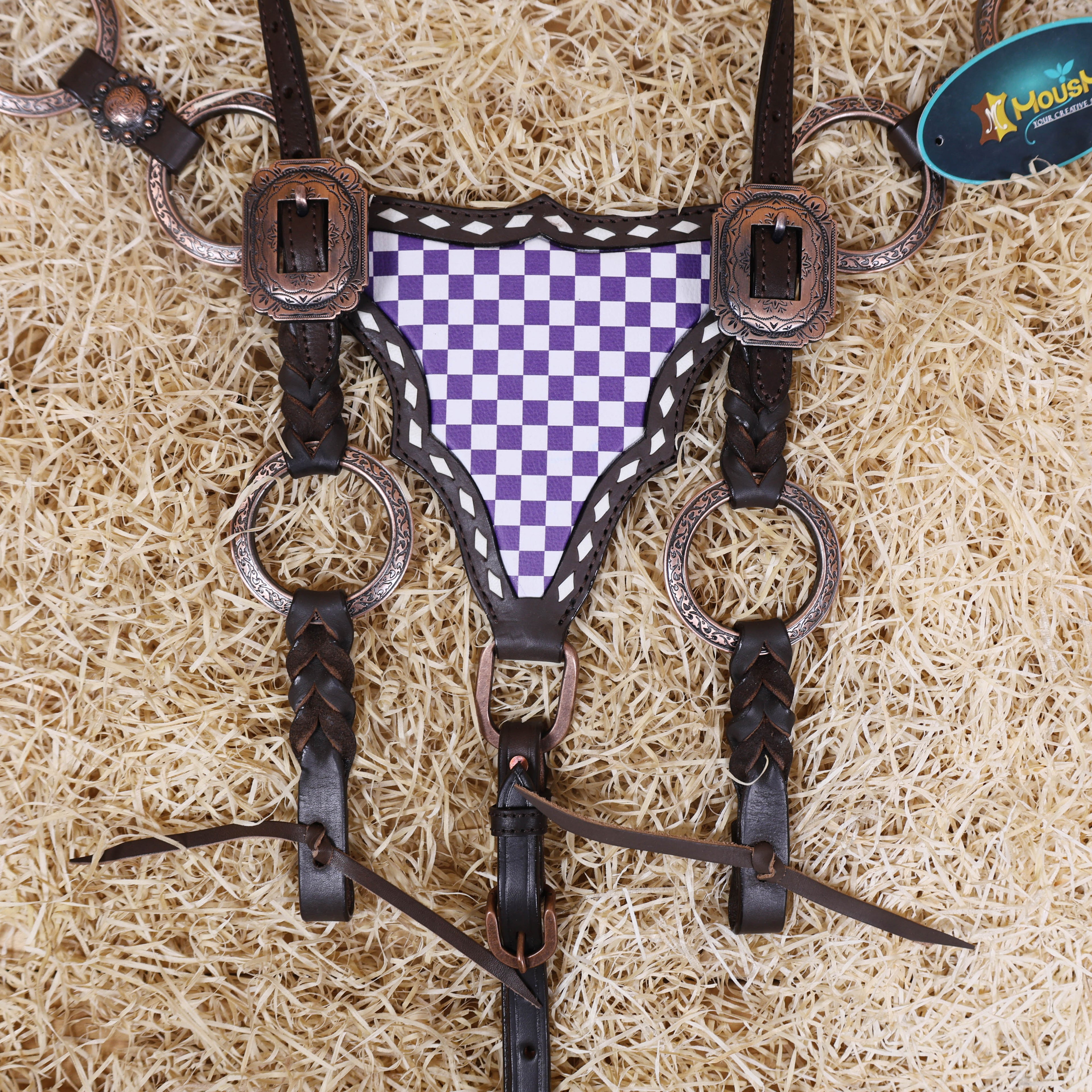 MOUSM Western One Ear Headstall Set – Handcrafted from Genuine Argentine Leather, Featuring a Purple and White Checkered Gladiator Breast Collar with Engraved Metal Rings, Braided Cheekpieces, and Berry Conchos