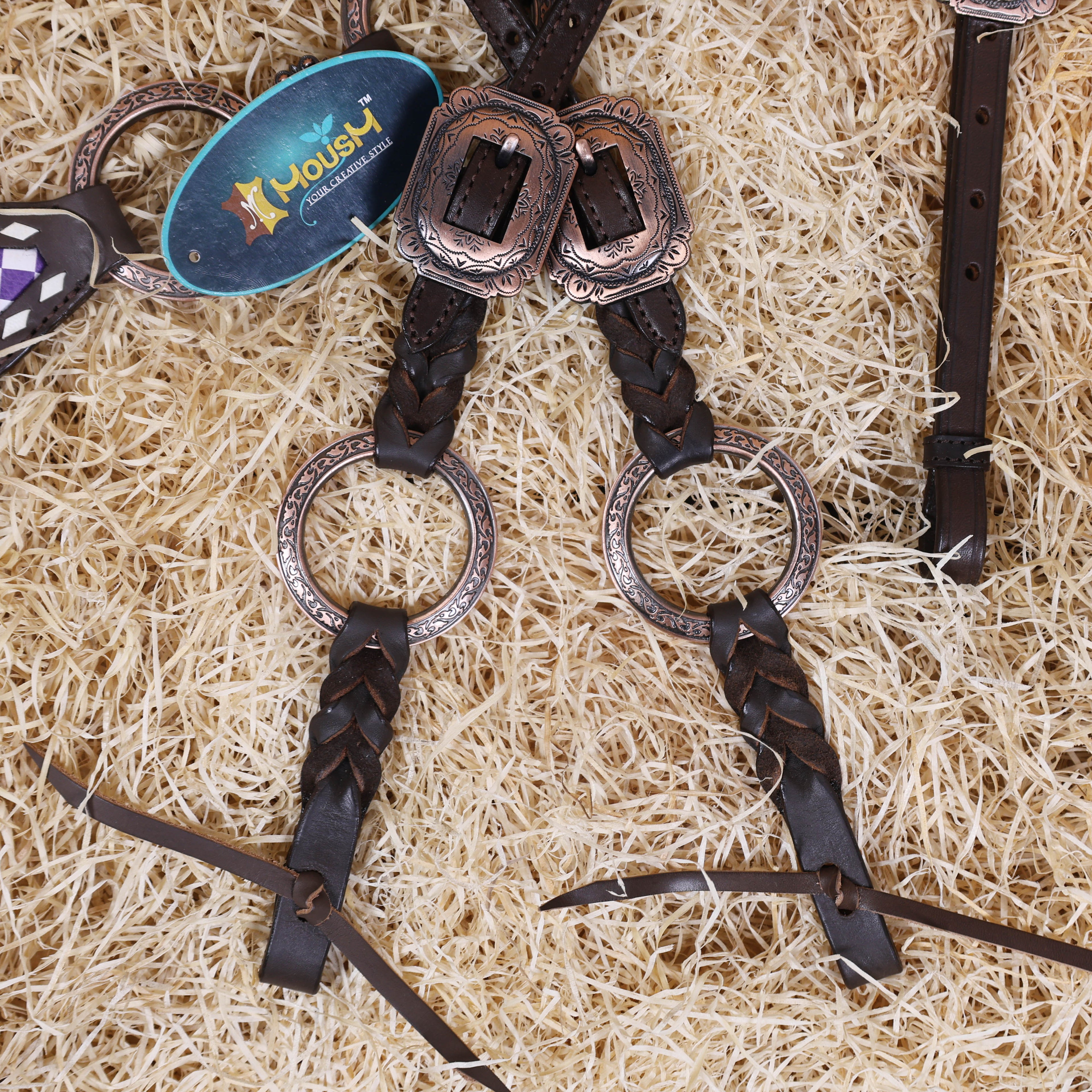 MOUSM Western One Ear Headstall Set – Handcrafted from Genuine Argentine Leather, Featuring a Purple and White Checkered Gladiator Breast Collar with Engraved Metal Rings, Braided Cheekpieces, and Berry Conchos