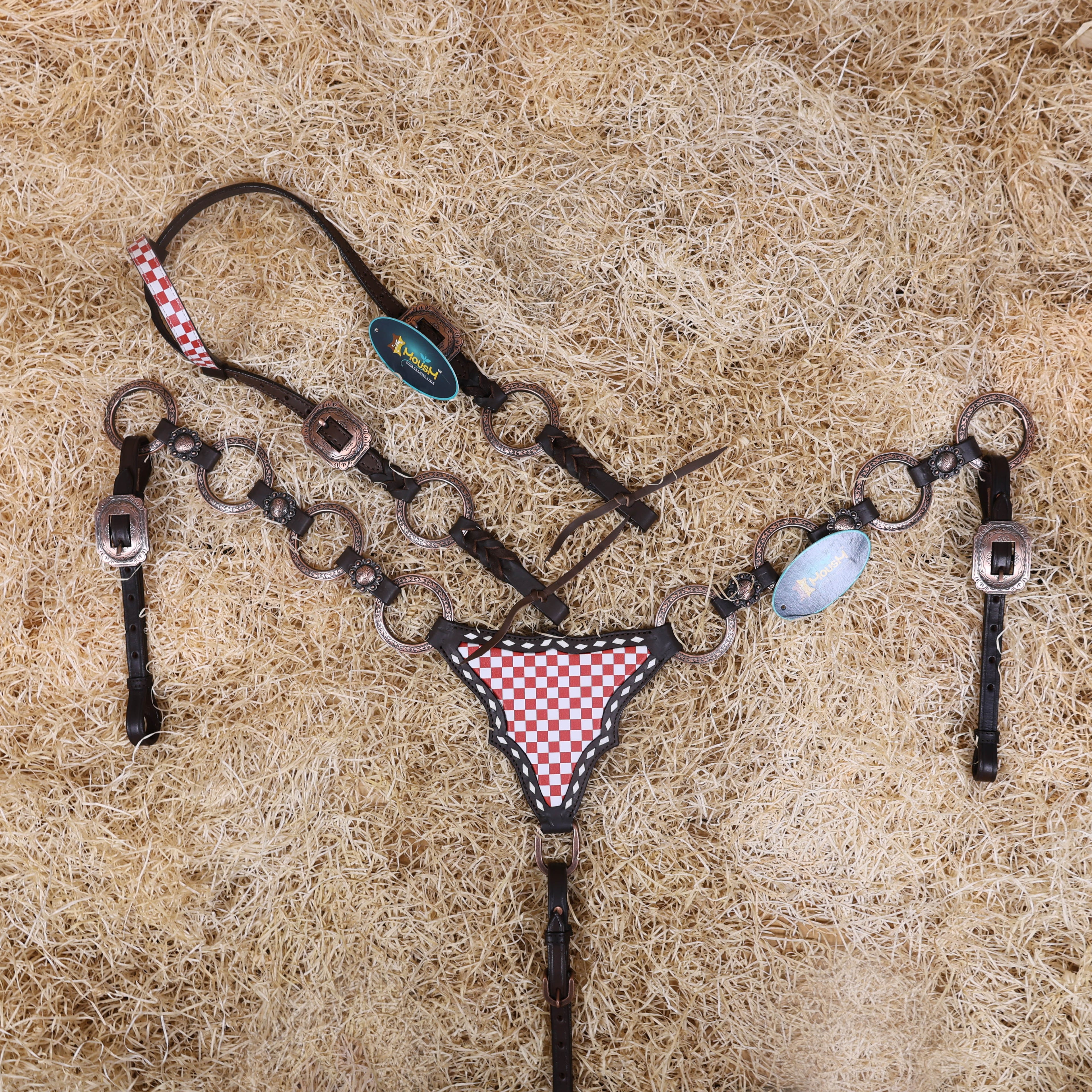 MOUSM Horse Headstall Set – Handcrafted from Genuine Argentine Leather, Featuring an Orange and White Checkered Gladiator Breast Collar with Engraved Metal Rings, Braided Cheekpieces, and Berry Concho