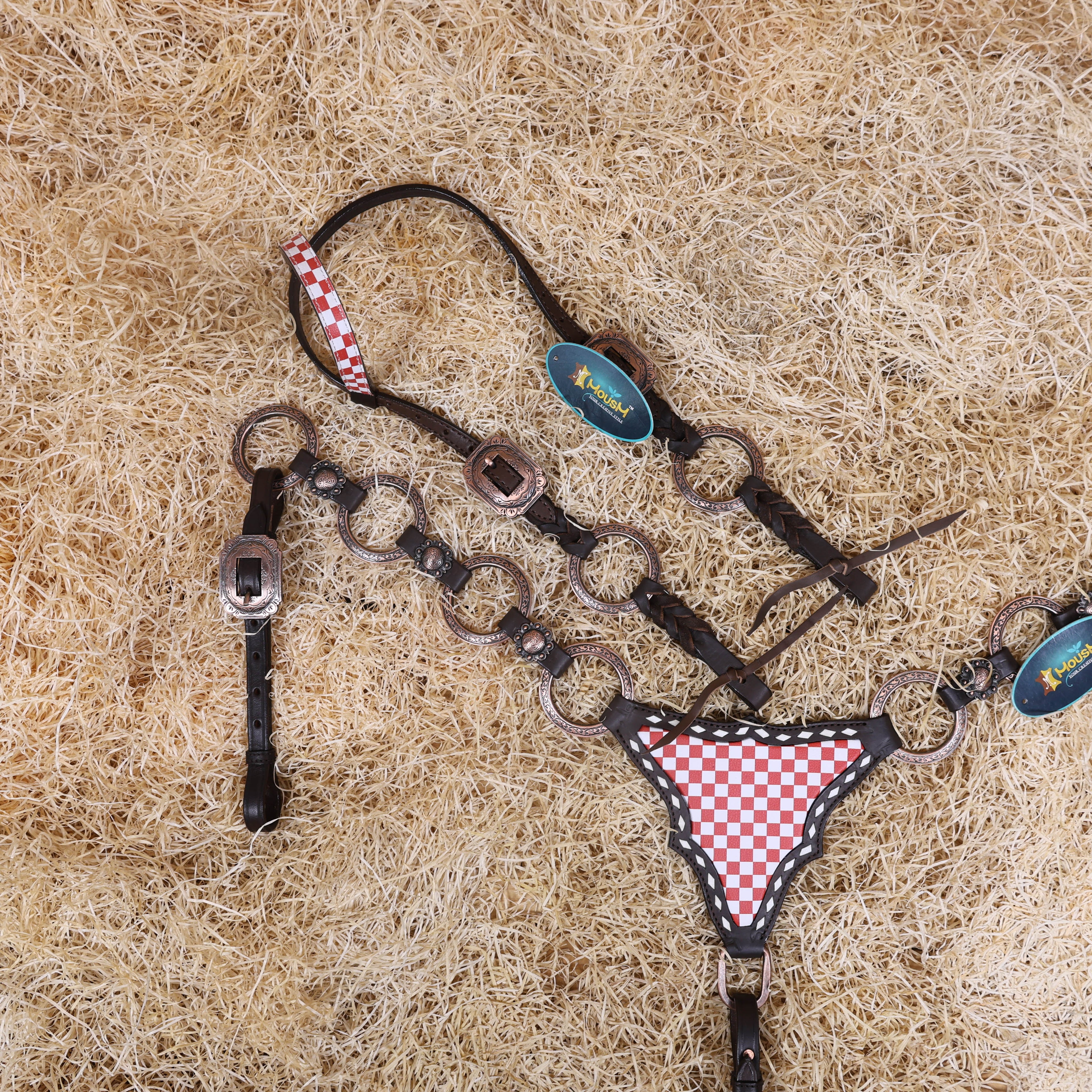 MOUSM Horse Headstall Set – Handcrafted from Genuine Argentine Leather, Featuring an Orange and White Checkered Gladiator Breast Collar with Engraved Metal Rings, Braided Cheekpieces, and Berry Concho