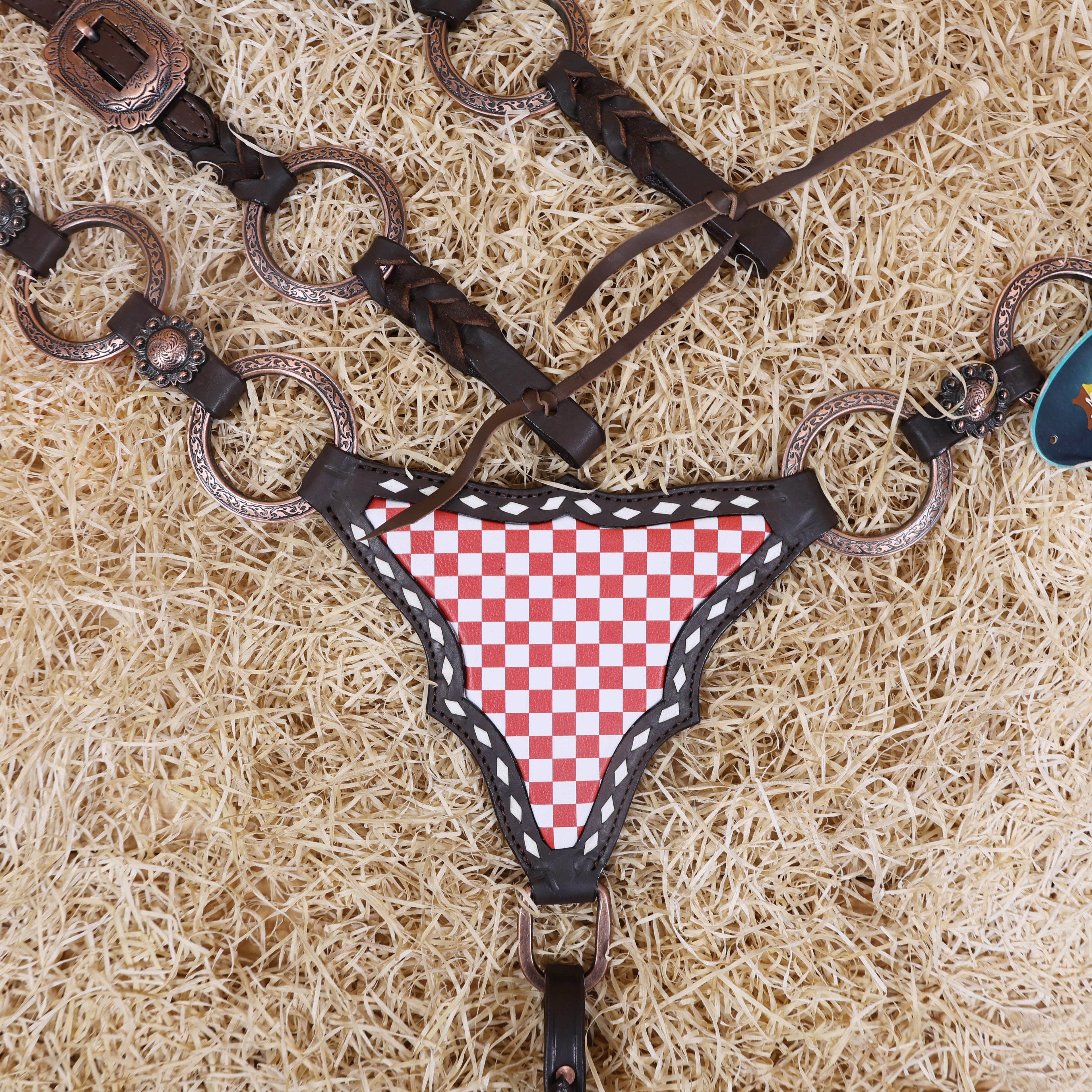 MOUSM Horse Headstall Set – Handcrafted from Genuine Argentine Leather, Featuring an Orange and White Checkered Gladiator Breast Collar with Engraved Metal Rings, Braided Cheekpieces, and Berry Concho