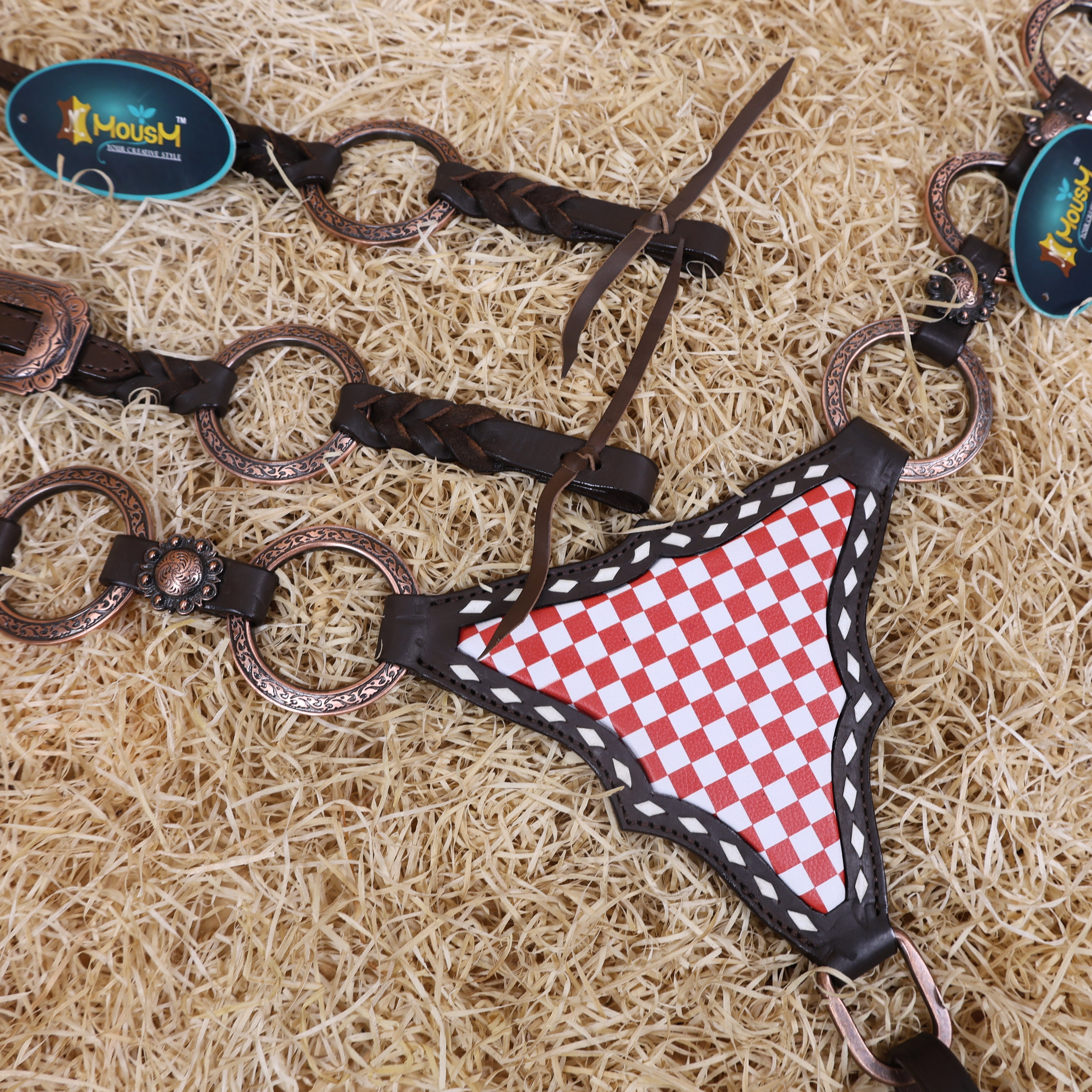 MOUSM Horse Headstall Set – Handcrafted from Genuine Argentine Leather, Featuring an Orange and White Checkered Gladiator Breast Collar with Engraved Metal Rings, Braided Cheekpieces, and Berry Concho
