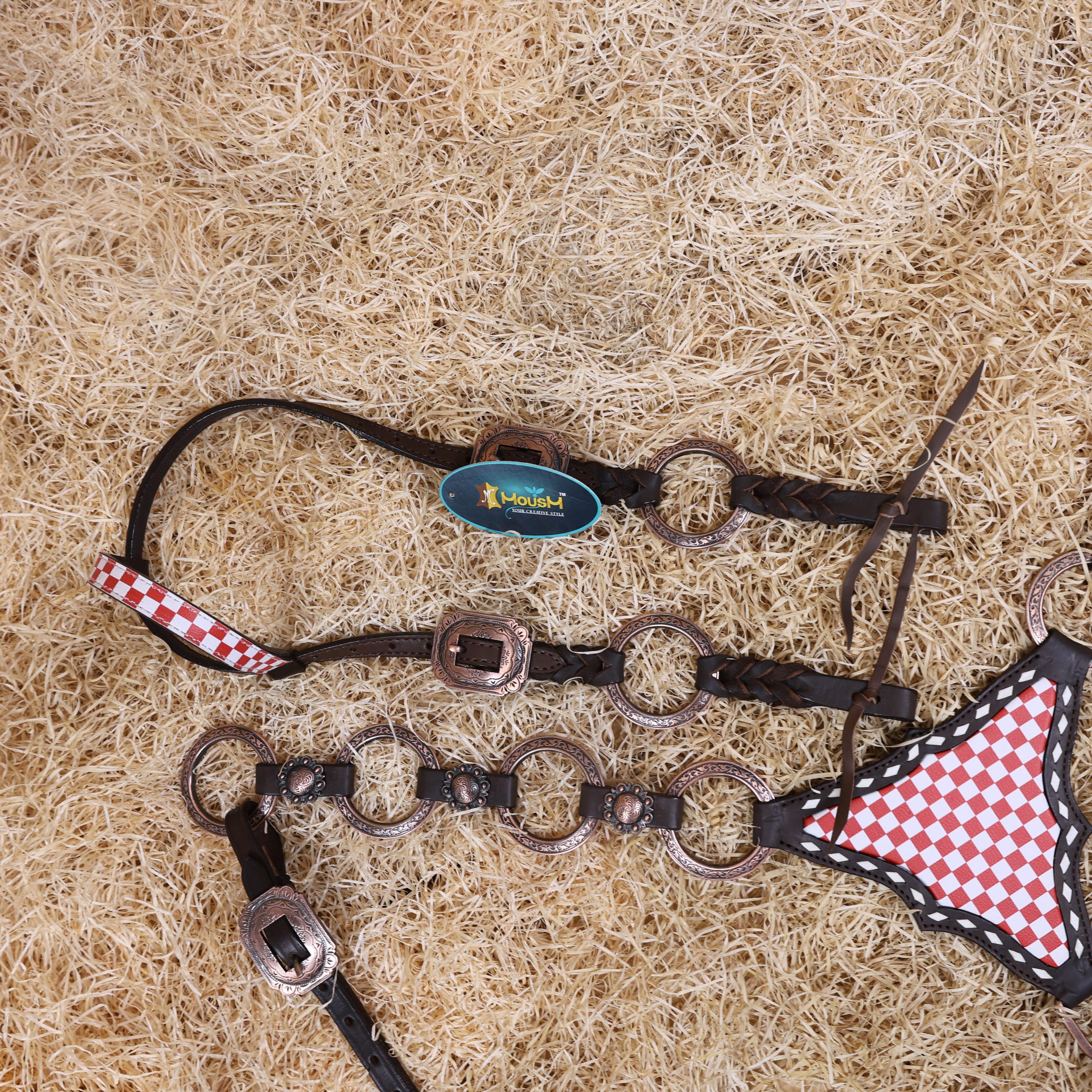 MOUSM Horse Headstall Set – Handcrafted from Genuine Argentine Leather, Featuring an Orange and White Checkered Gladiator Breast Collar with Engraved Metal Rings, Braided Cheekpieces, and Berry Concho