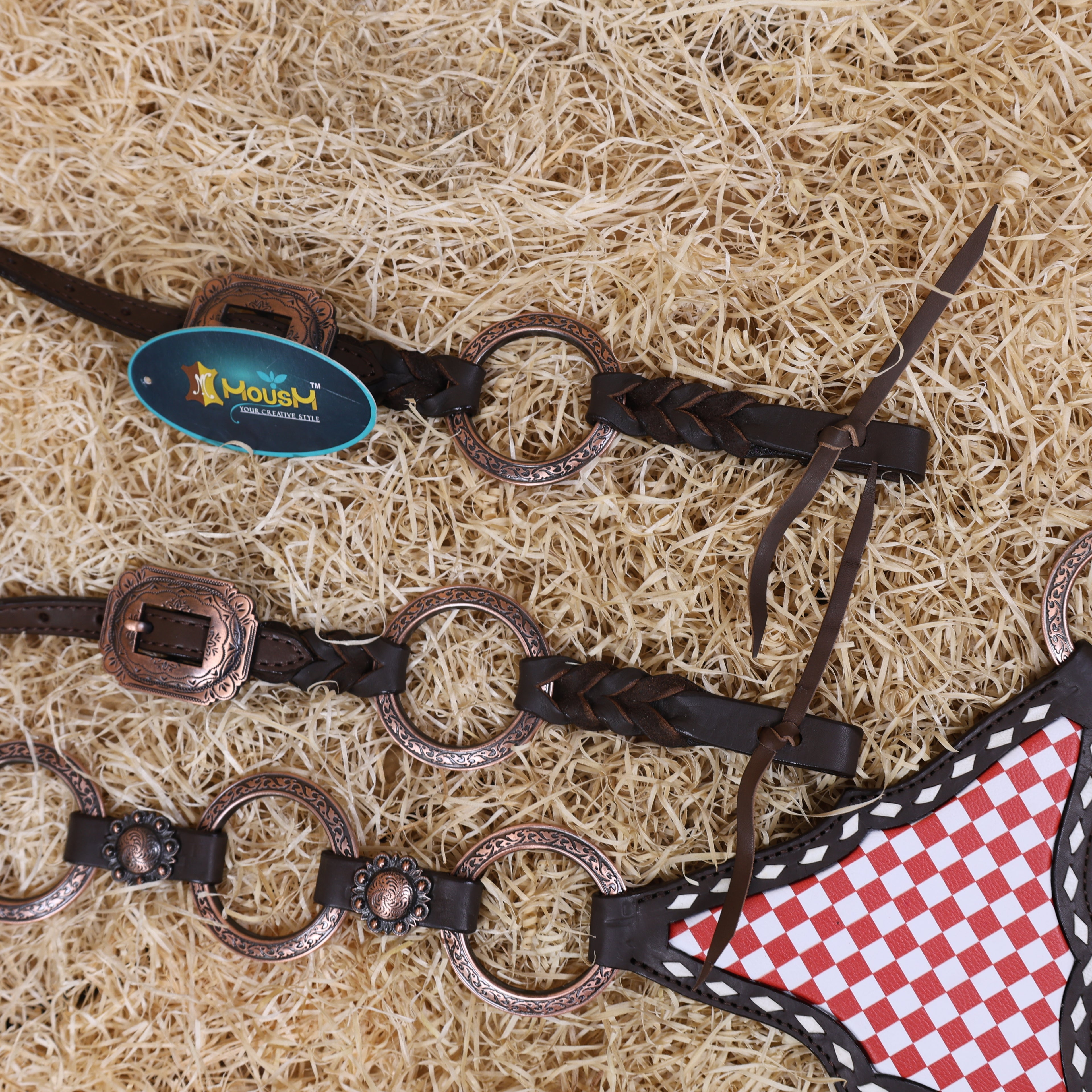MOUSM Horse Headstall Set – Handcrafted from Genuine Argentine Leather, Featuring an Orange and White Checkered Gladiator Breast Collar with Engraved Metal Rings, Braided Cheekpieces, and Berry Concho