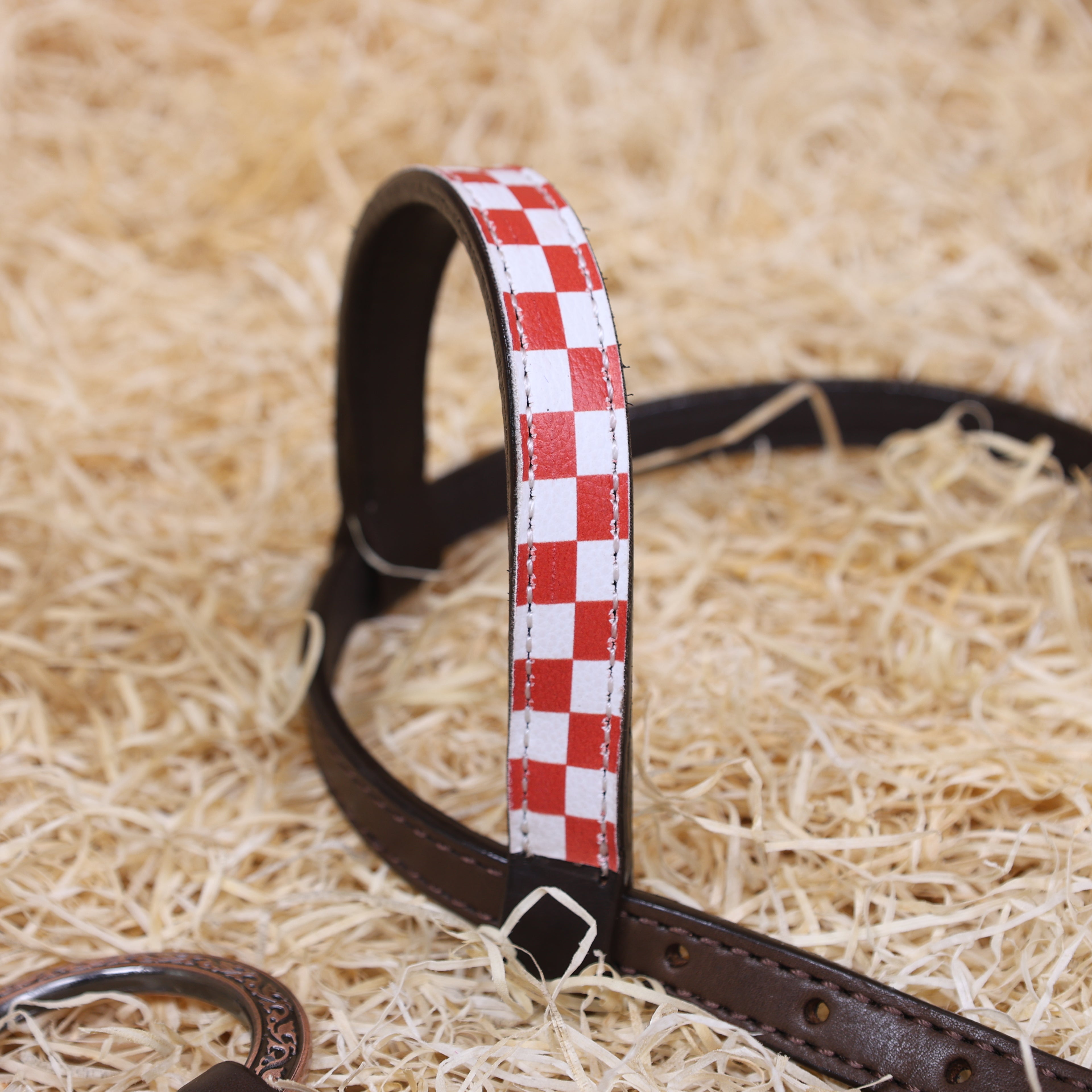 MOUSM Horse Headstall Set – Handcrafted from Genuine Argentine Leather, Featuring an Orange and White Checkered Gladiator Breast Collar with Engraved Metal Rings, Braided Cheekpieces, and Berry Concho