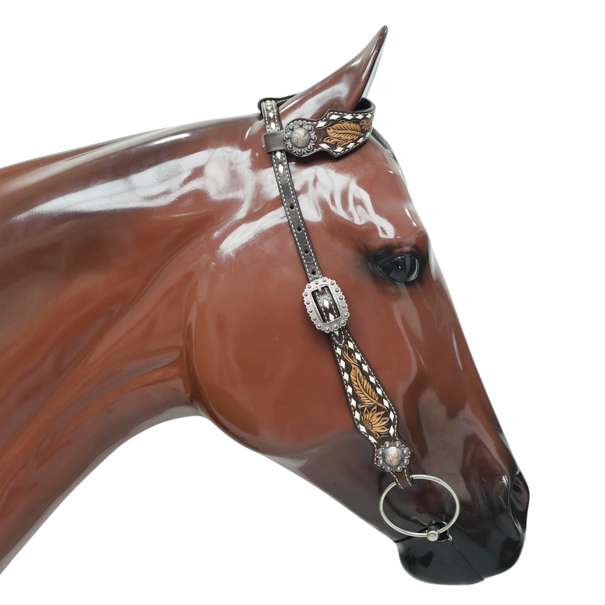 MOUSM Western Horse Headstall – Handcrafted from Argentine Cow Leather Featuring Sunflower Hand Tooling, Buck Stitching, Congress Concho, and All Antique Copper Hardware