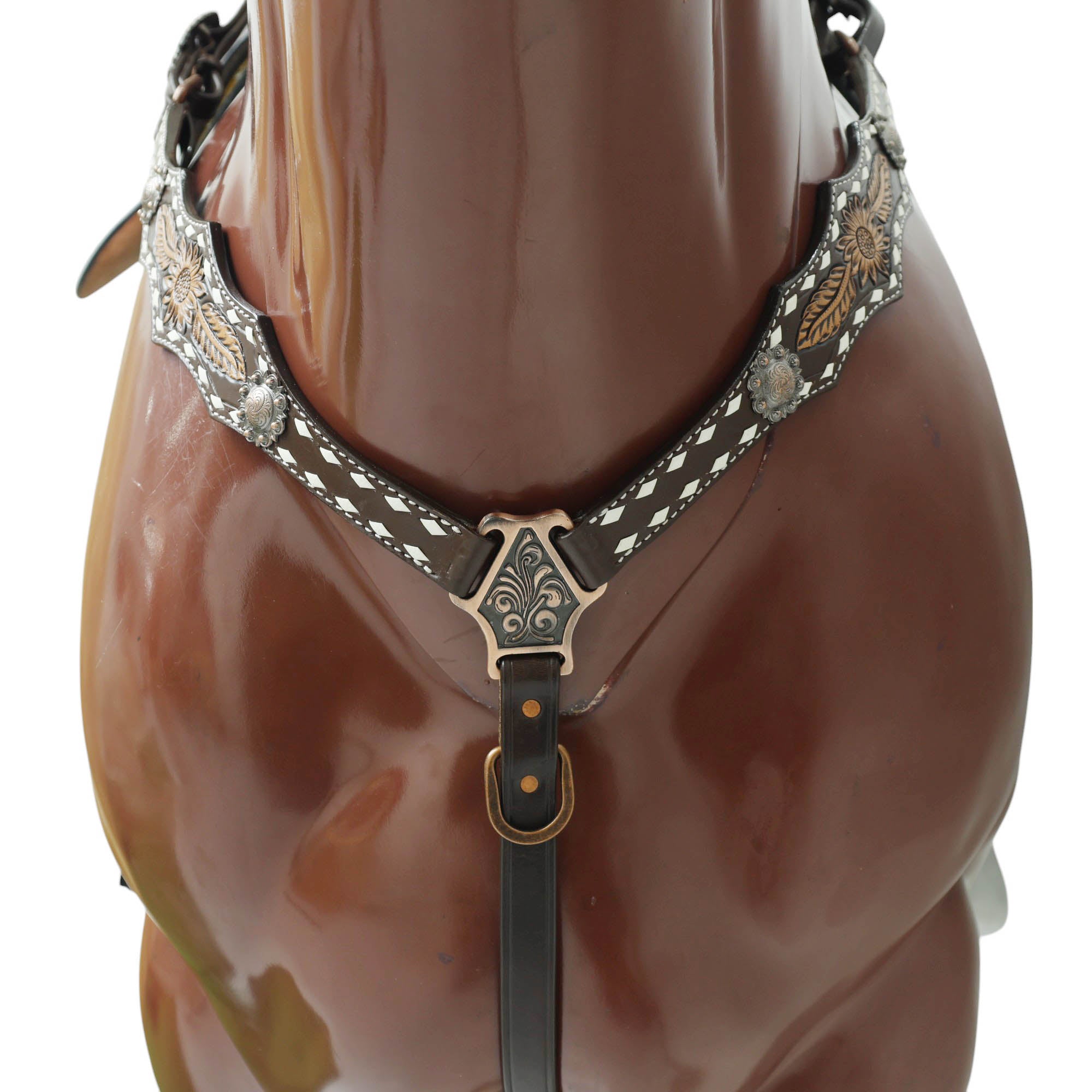 MOUSM Western Horse Headstall – Handcrafted from Argentine Cow Leather Featuring Sunflower Hand Tooling, Buck Stitching, Congress Concho, and All Antique Copper Hardware