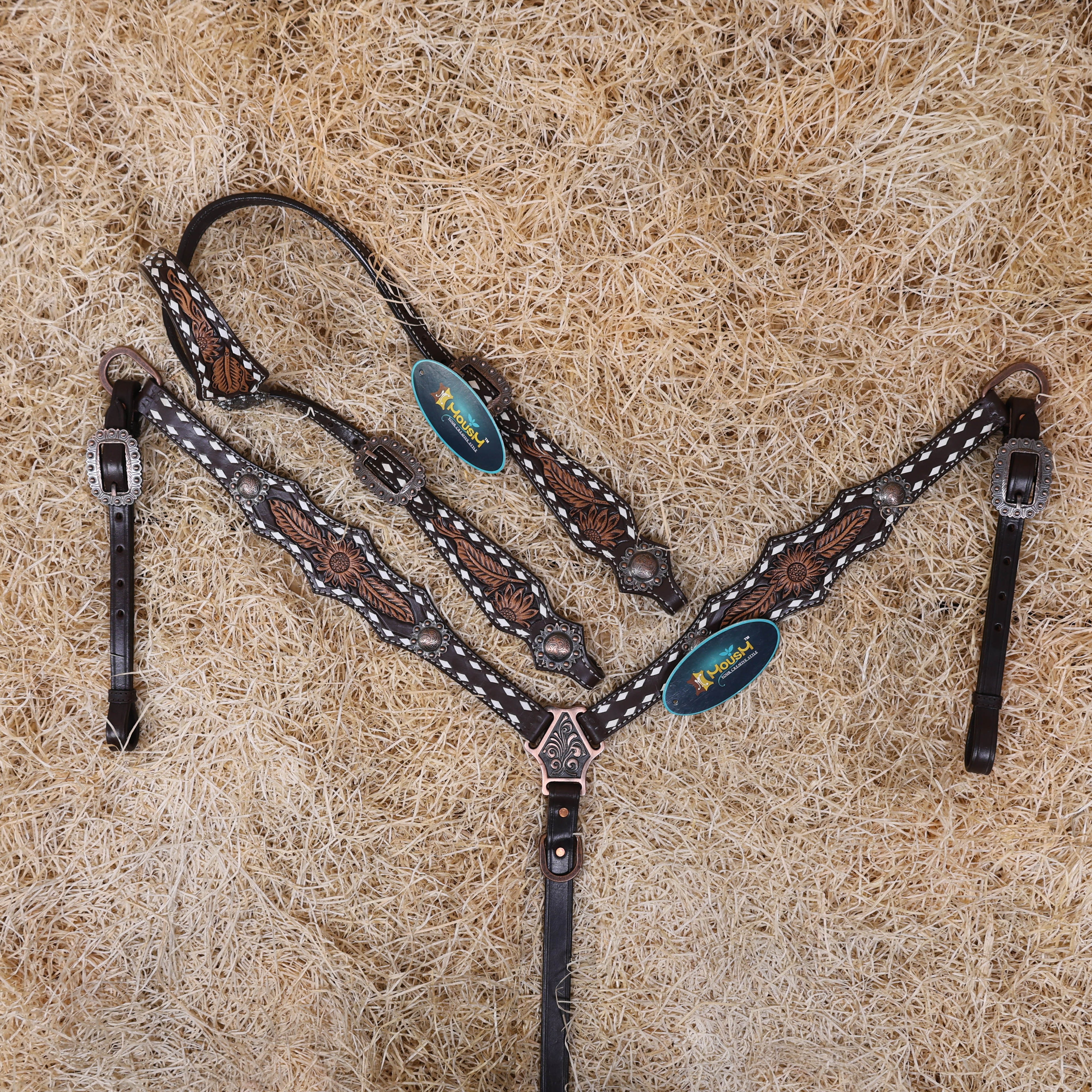 MOUSM Western Horse Headstall – Handcrafted from Argentine Cow Leather Featuring Sunflower Hand Tooling, Buck Stitching, Congress Concho, and All Antique Copper Hardware