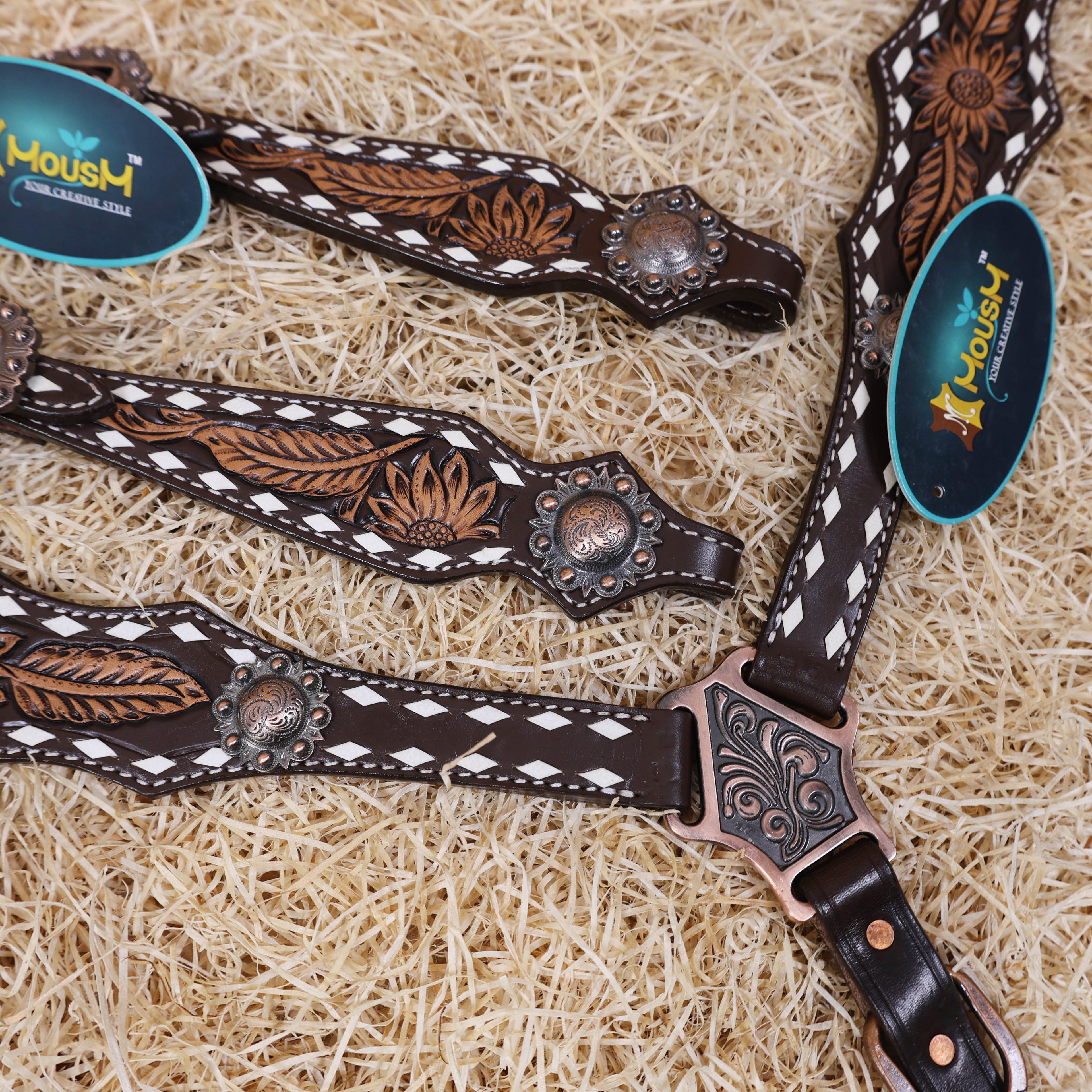 MOUSM Western Horse Headstall – Handcrafted from Argentine Cow Leather Featuring Sunflower Hand Tooling, Buck Stitching, Congress Concho, and All Antique Copper Hardware