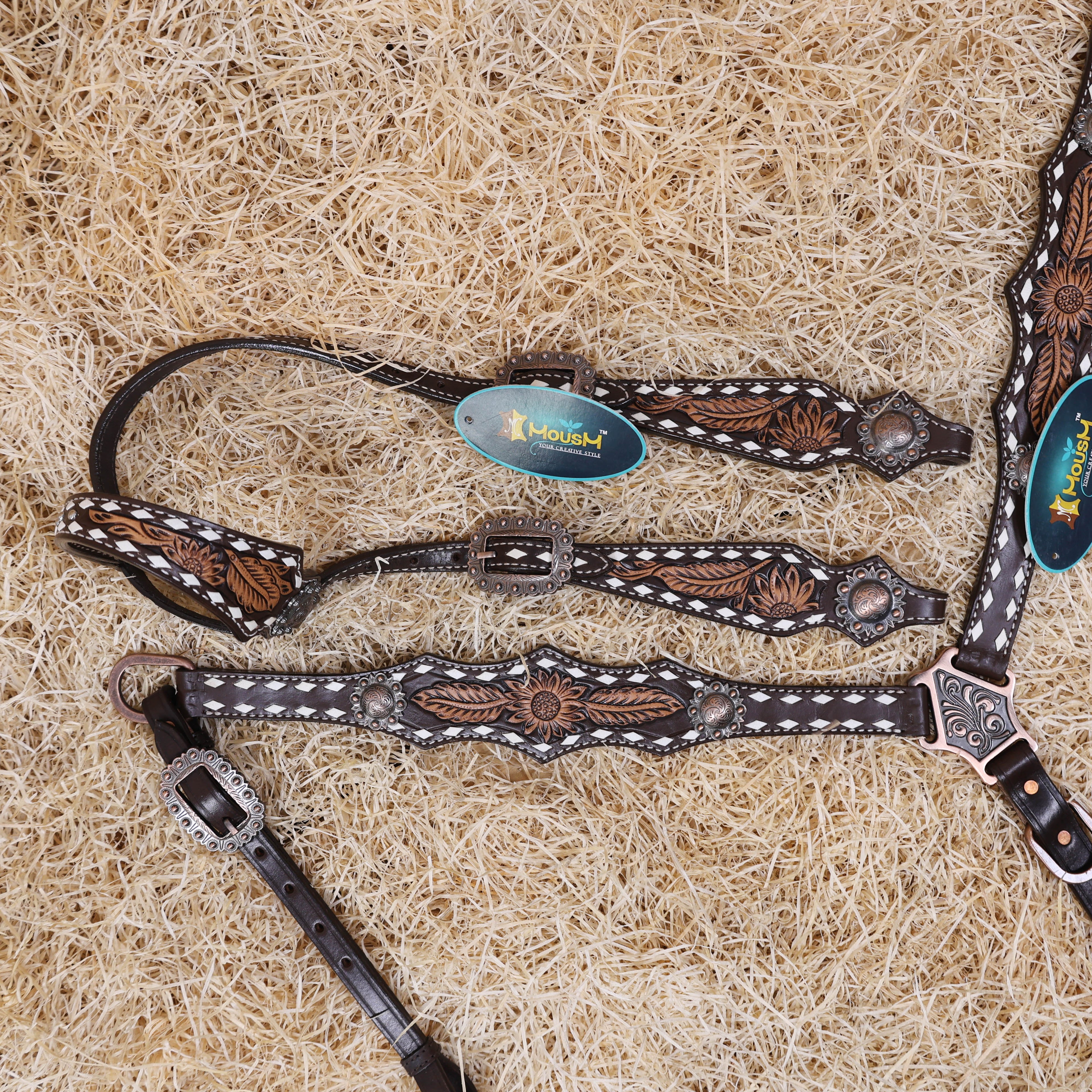 MOUSM Western Horse Headstall – Handcrafted from Argentine Cow Leather Featuring Sunflower Hand Tooling, Buck Stitching, Congress Concho, and All Antique Copper Hardware