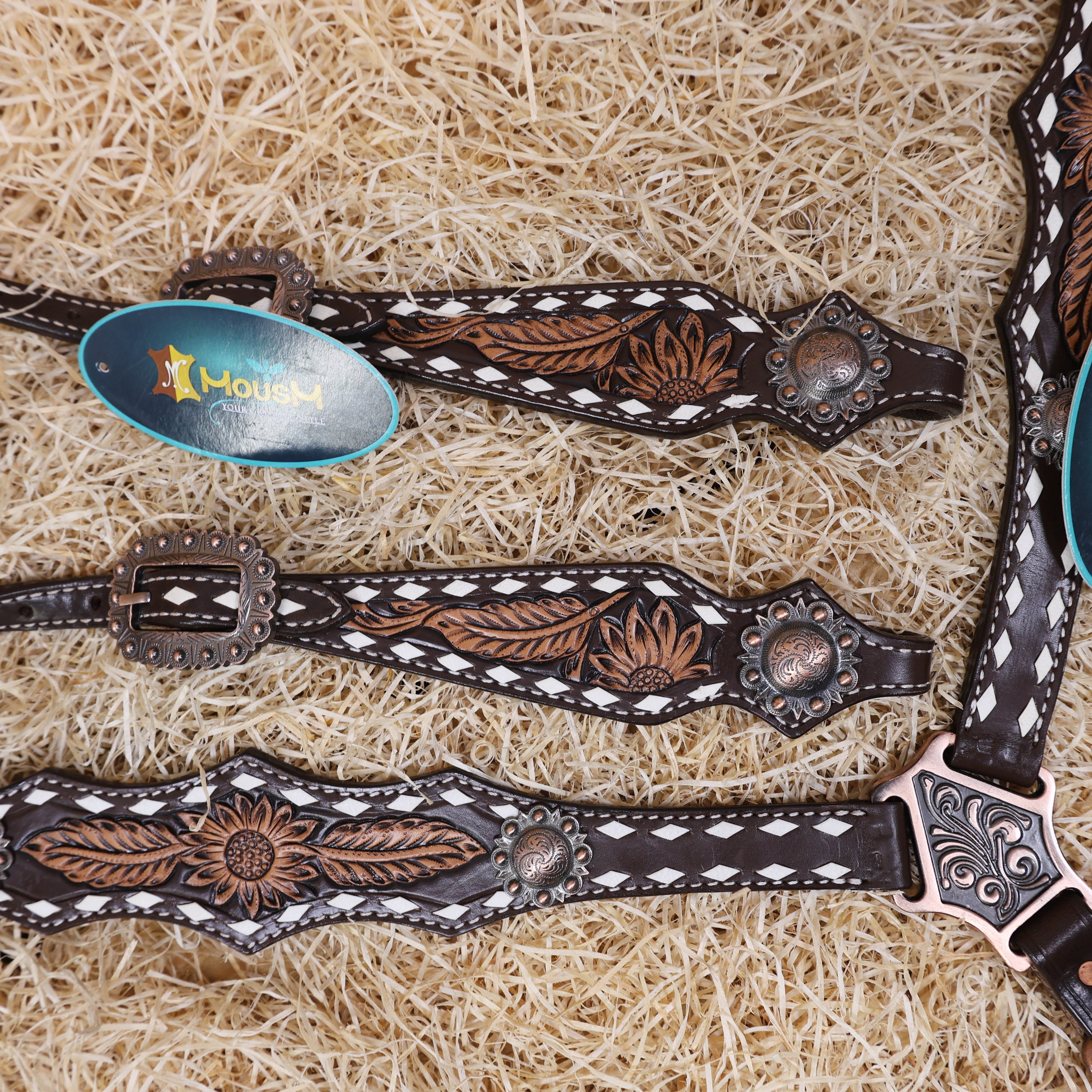 MOUSM Western Horse Headstall – Handcrafted from Argentine Cow Leather Featuring Sunflower Hand Tooling, Buck Stitching, Congress Concho, and All Antique Copper Hardware