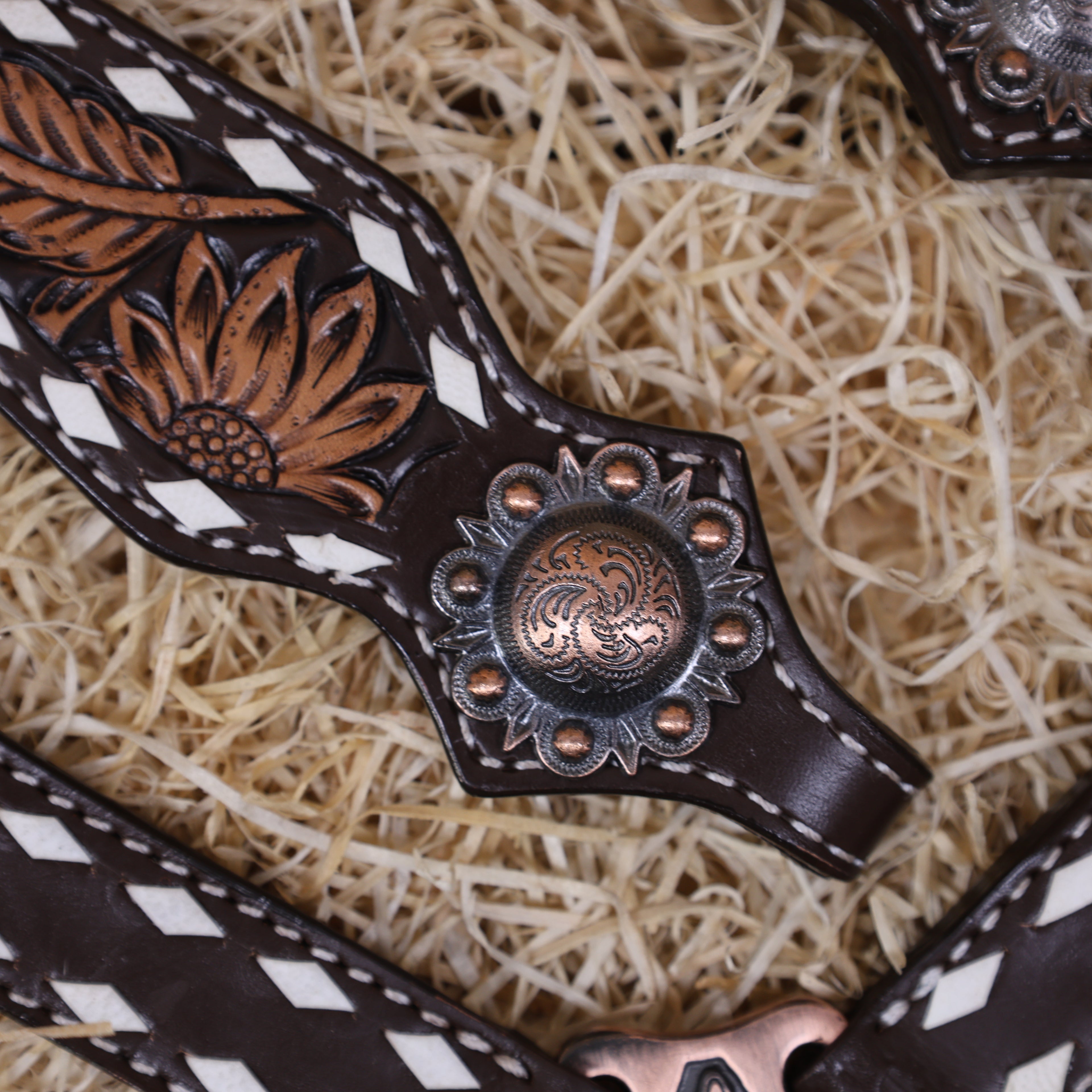 MOUSM Western Horse Headstall – Handcrafted from Argentine Cow Leather Featuring Sunflower Hand Tooling, Buck Stitching, Congress Concho, and All Antique Copper Hardware