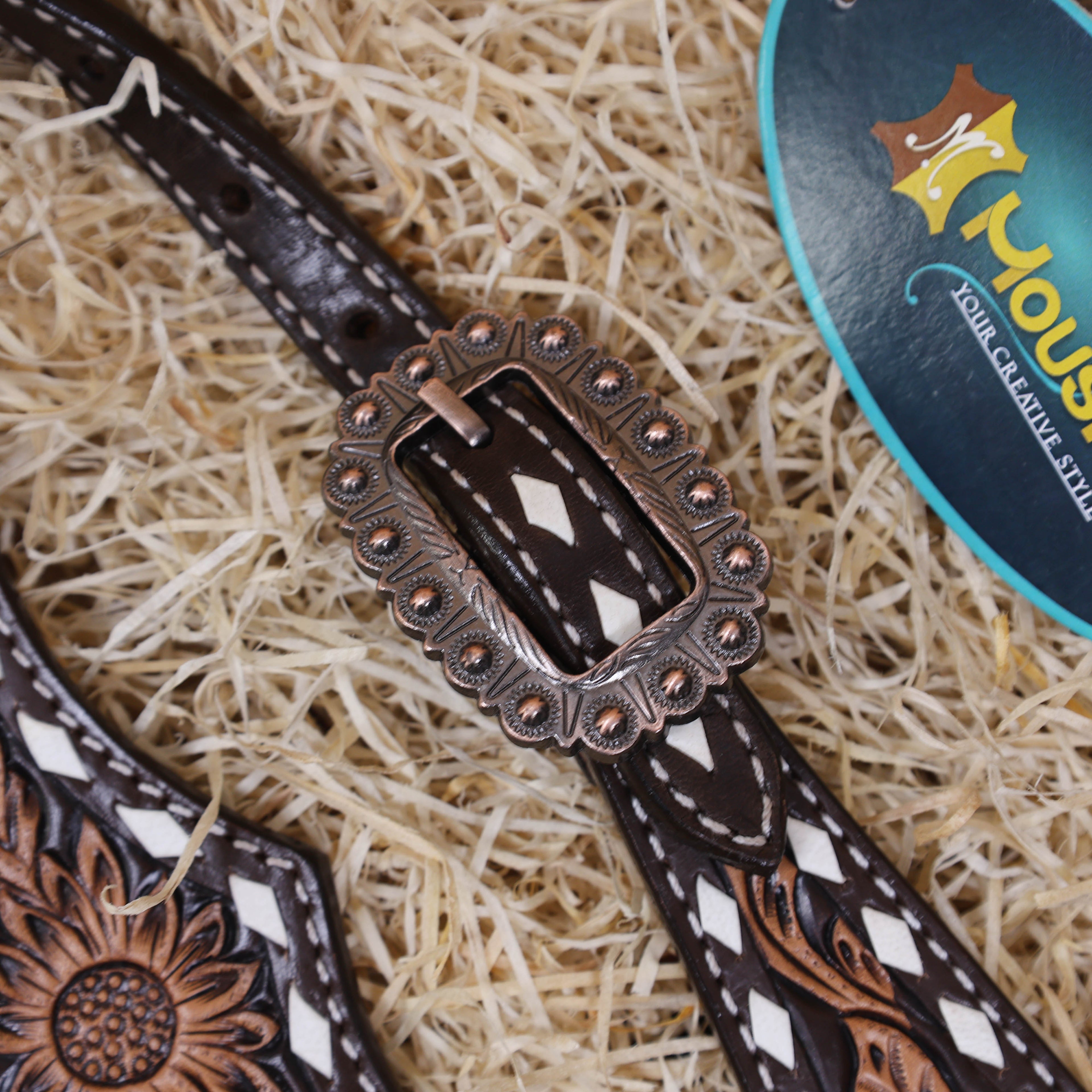 MOUSM Western Horse Headstall – Handcrafted from Argentine Cow Leather Featuring Sunflower Hand Tooling, Buck Stitching, Congress Concho, and All Antique Copper Hardware