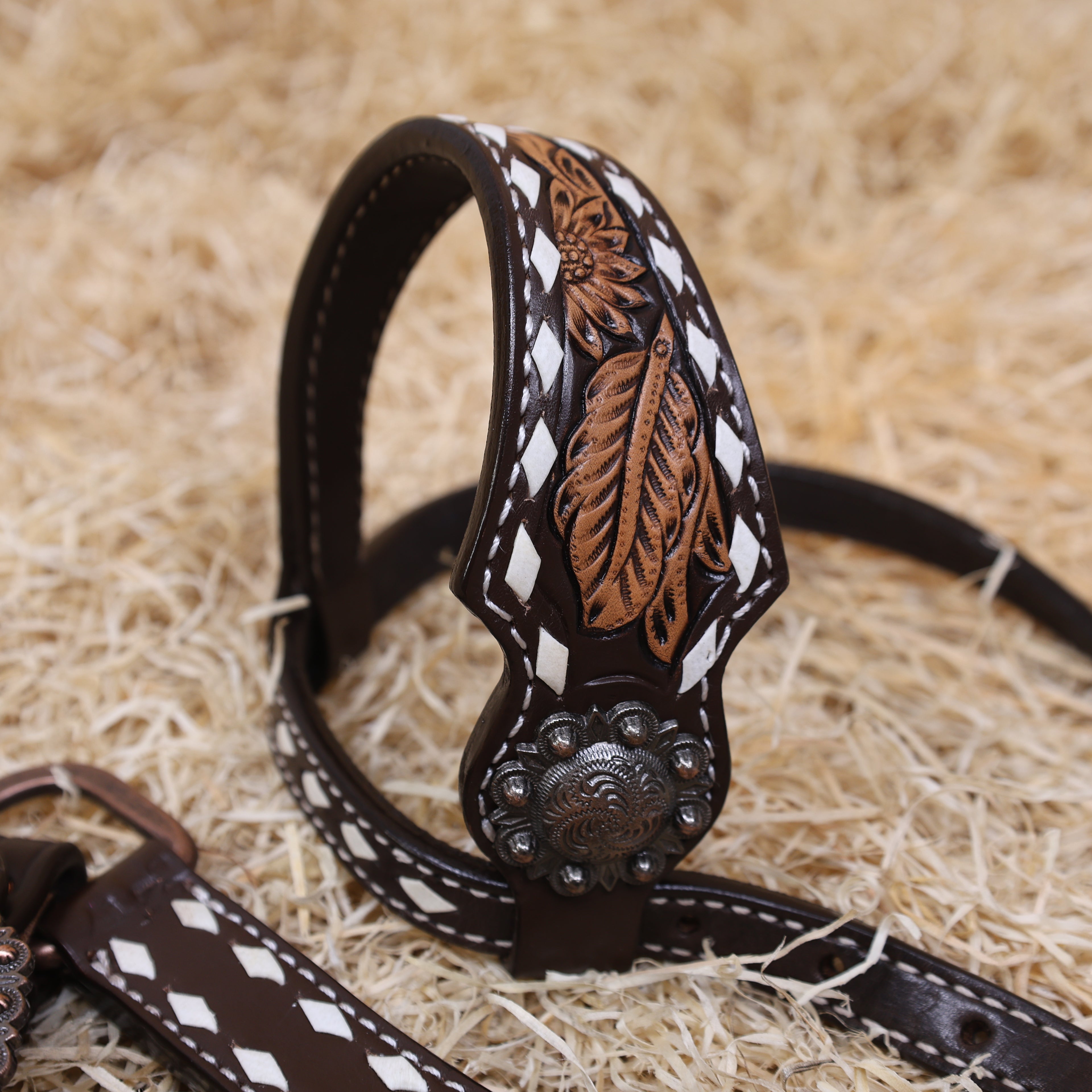 MOUSM Western Horse Headstall – Handcrafted from Argentine Cow Leather Featuring Sunflower Hand Tooling, Buck Stitching, Congress Concho, and All Antique Copper Hardware
