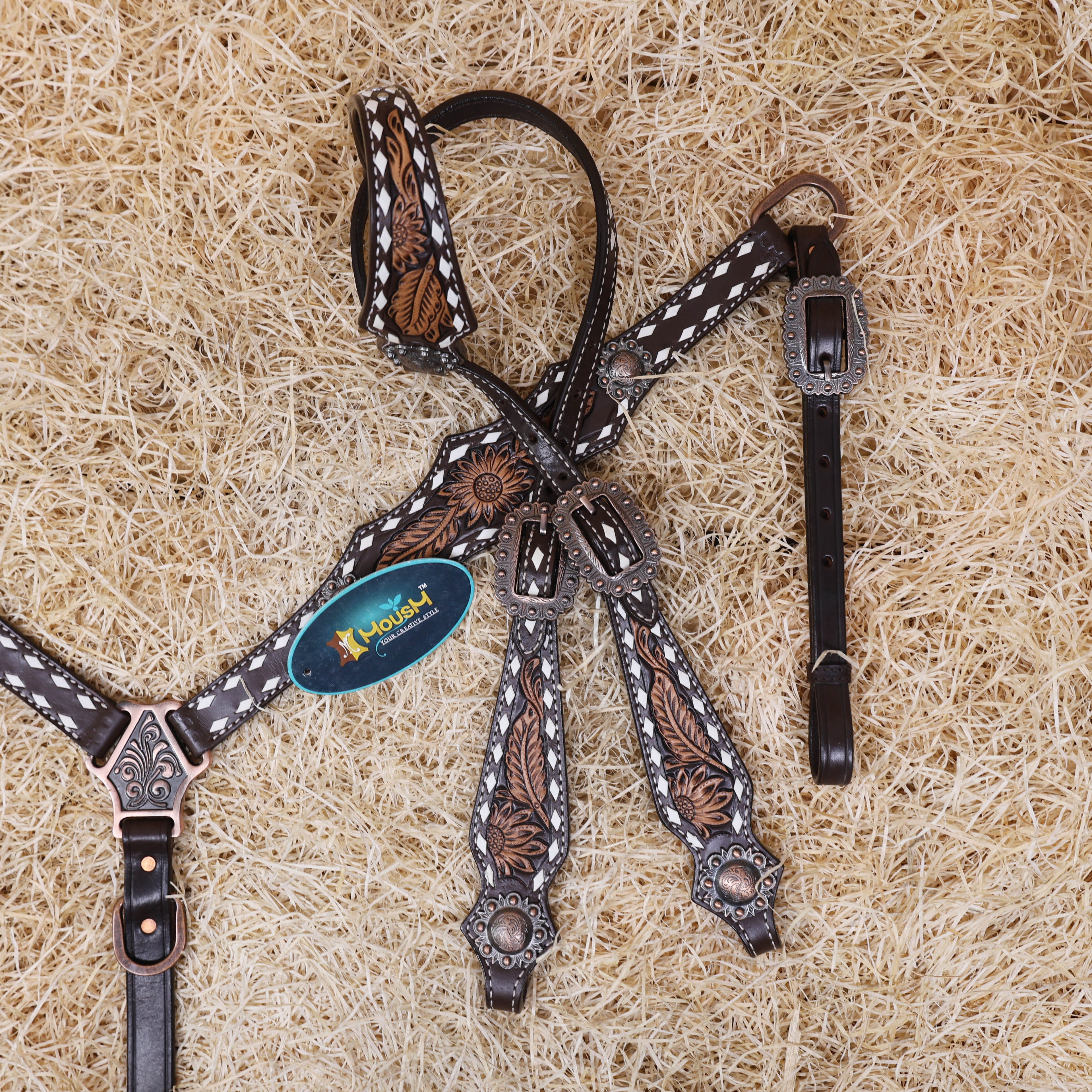 MOUSM Western Horse Headstall – Handcrafted from Argentine Cow Leather Featuring Sunflower Hand Tooling, Buck Stitching, Congress Concho, and All Antique Copper Hardware