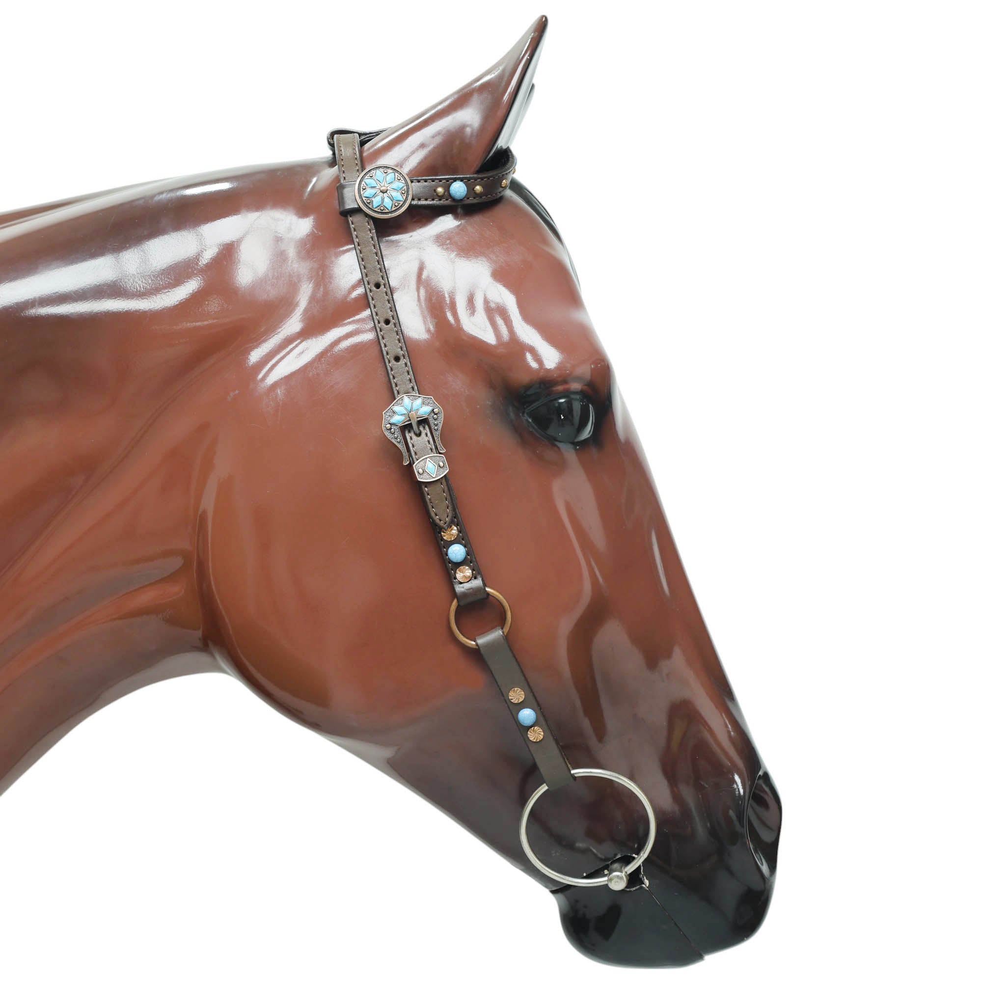 MOUSM Headstall & Breast Collar Set – Made from Genuine Argentina Leather Featuring Copper Rings, Connecting Leather Straps with Copper-Tone Rivets, and Decorative Turquoise Stones, All Antique Copper Hardware Finish