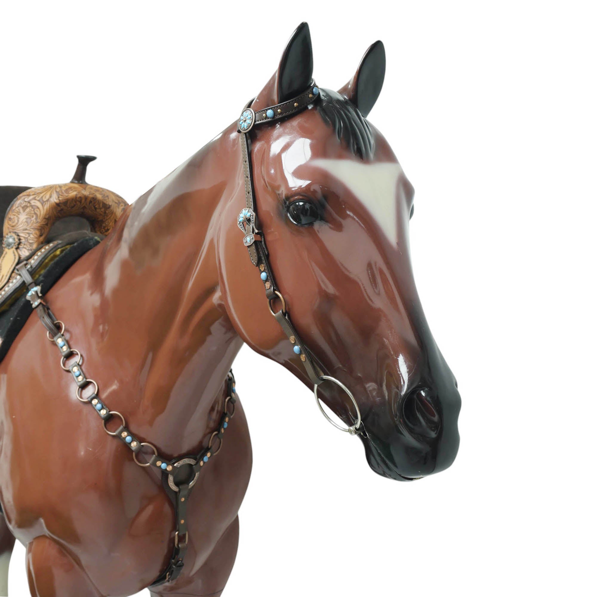MOUSM Headstall & Breast Collar Set – Made from Genuine Argentina Leather Featuring Copper Rings, Connecting Leather Straps with Copper-Tone Rivets, and Decorative Turquoise Stones, All Antique Copper Hardware Finish