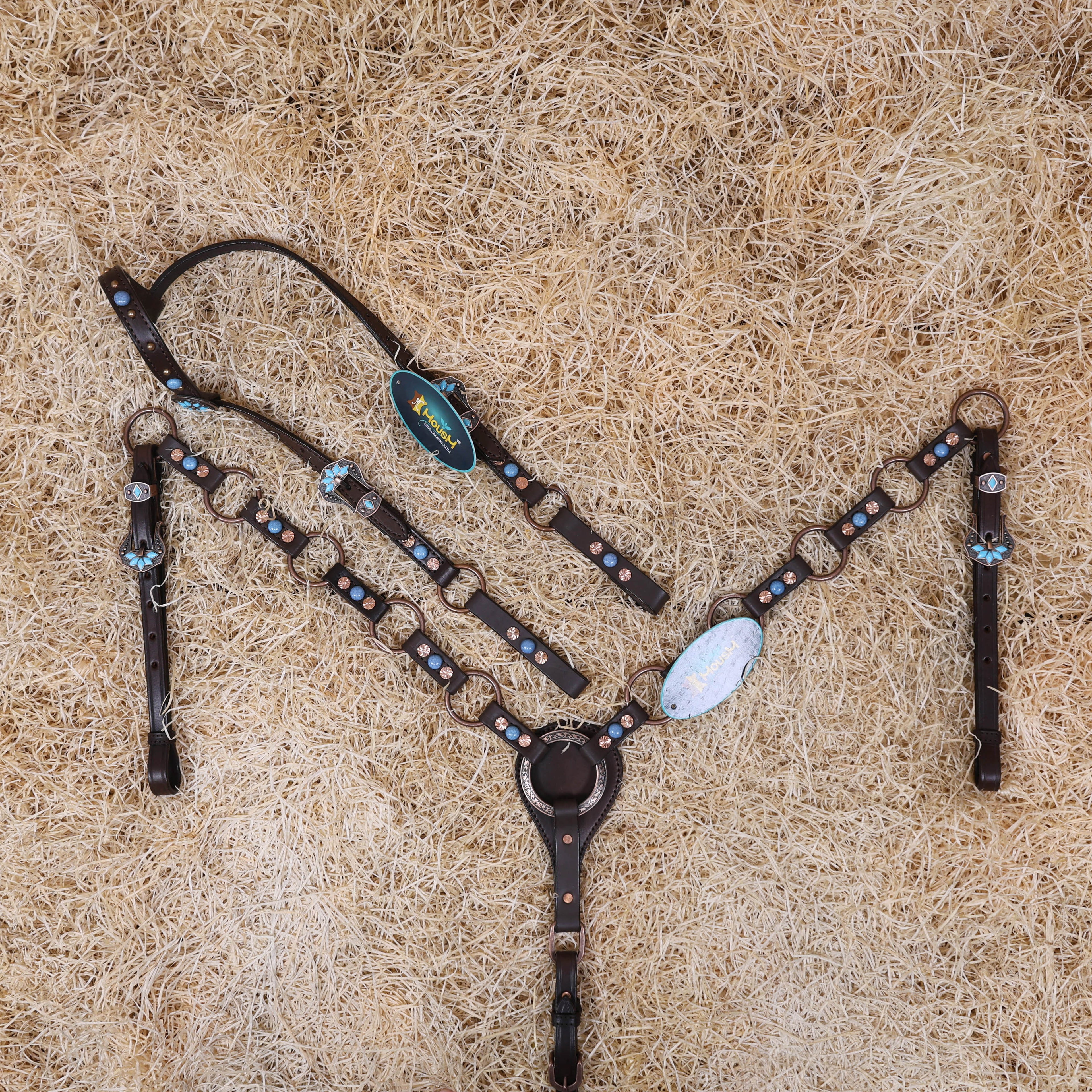MOUSM Headstall & Breast Collar Set – Made from Genuine Argentina Leather Featuring Copper Rings, Connecting Leather Straps with Copper-Tone Rivets, and Decorative Turquoise Stones, All Antique Copper Hardware Finish