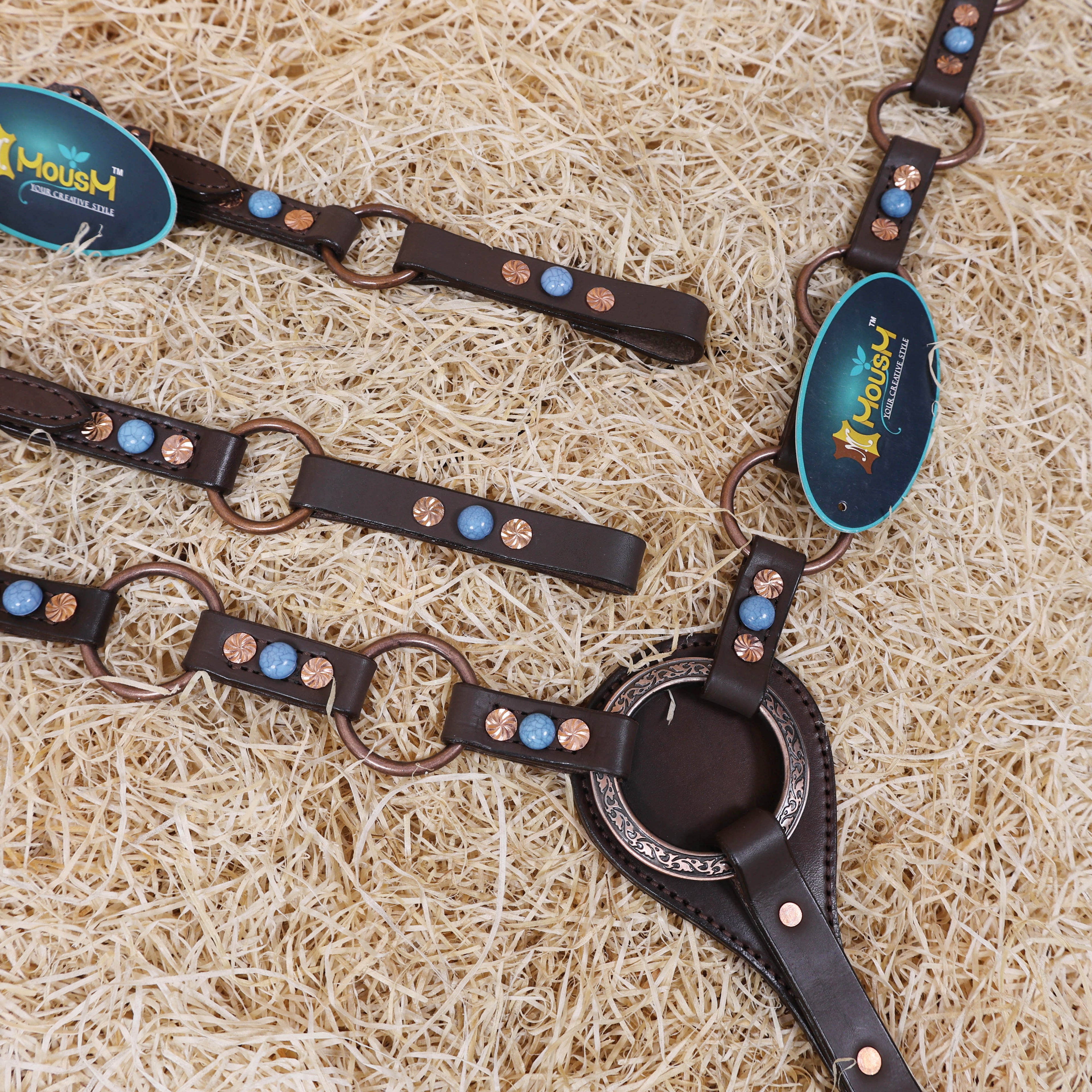 MOUSM Headstall & Breast Collar Set – Made from Genuine Argentina Leather Featuring Copper Rings, Connecting Leather Straps with Copper-Tone Rivets, and Decorative Turquoise Stones, All Antique Copper Hardware Finish