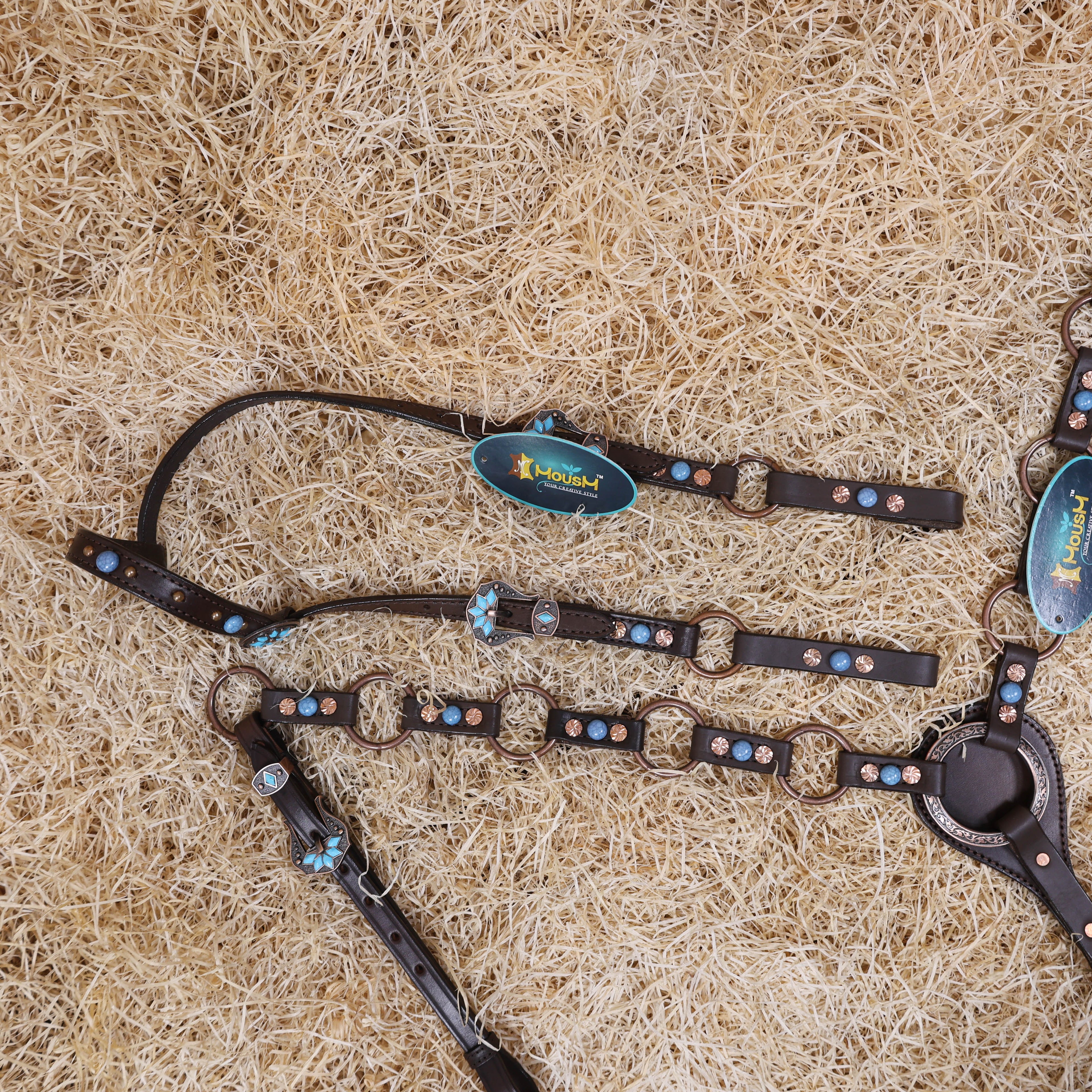 MOUSM Headstall & Breast Collar Set – Made from Genuine Argentina Leather Featuring Copper Rings, Connecting Leather Straps with Copper-Tone Rivets, and Decorative Turquoise Stones, All Antique Copper Hardware Finish
