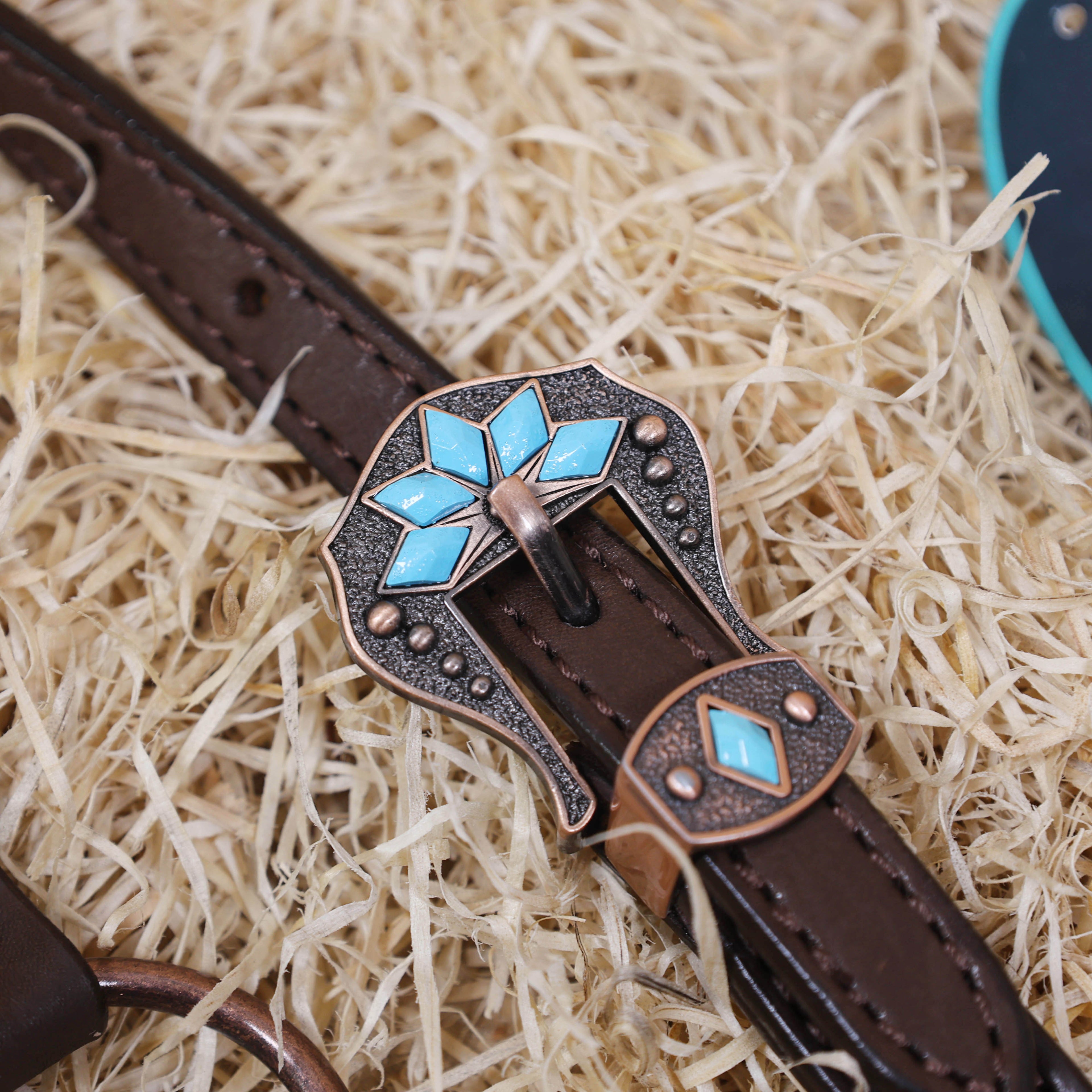 MOUSM Headstall & Breast Collar Set – Made from Genuine Argentina Leather Featuring Copper Rings, Connecting Leather Straps with Copper-Tone Rivets, and Decorative Turquoise Stones, All Antique Copper Hardware Finish