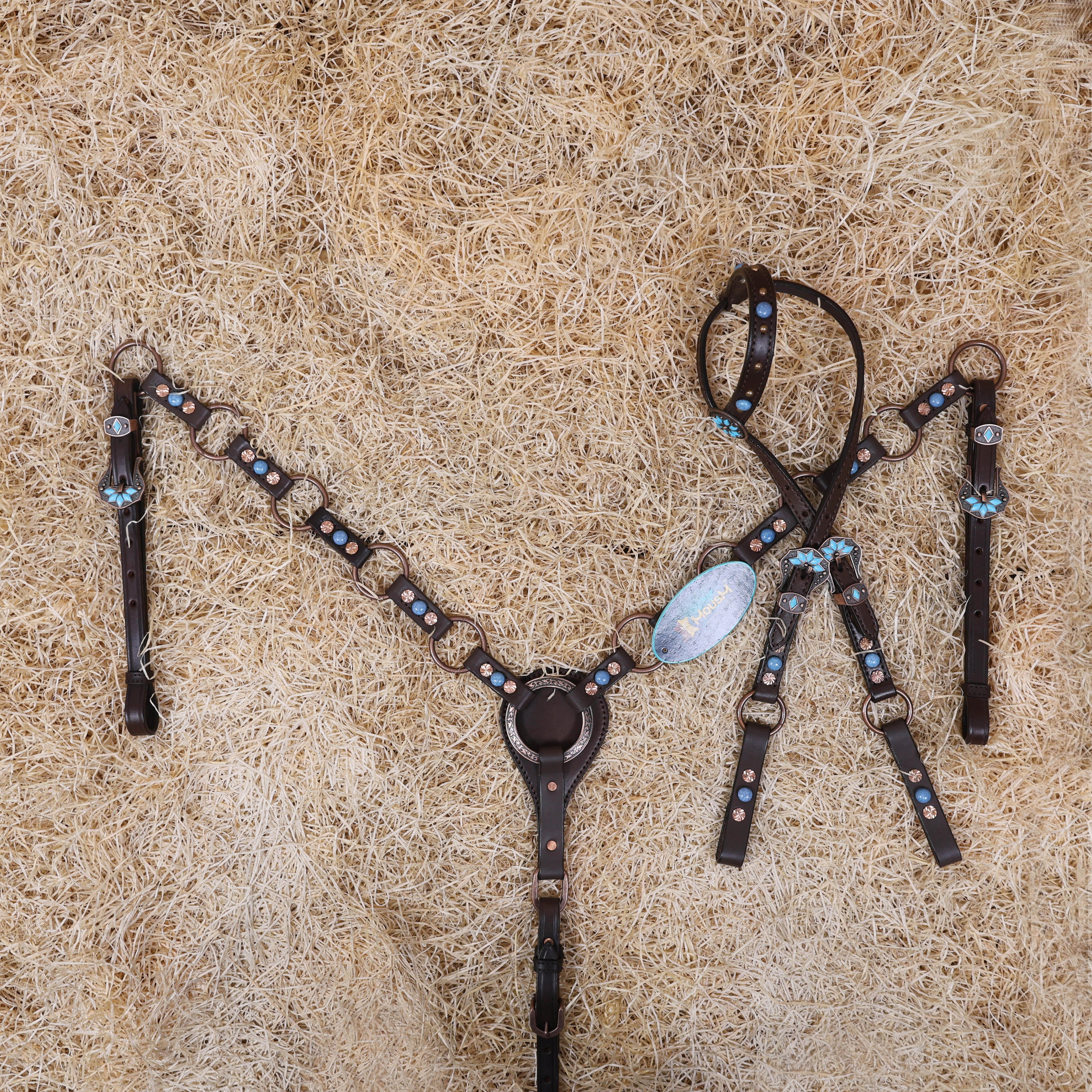 MOUSM Headstall & Breast Collar Set – Made from Genuine Argentina Leather Featuring Copper Rings, Connecting Leather Straps with Copper-Tone Rivets, and Decorative Turquoise Stones, All Antique Copper Hardware Finish