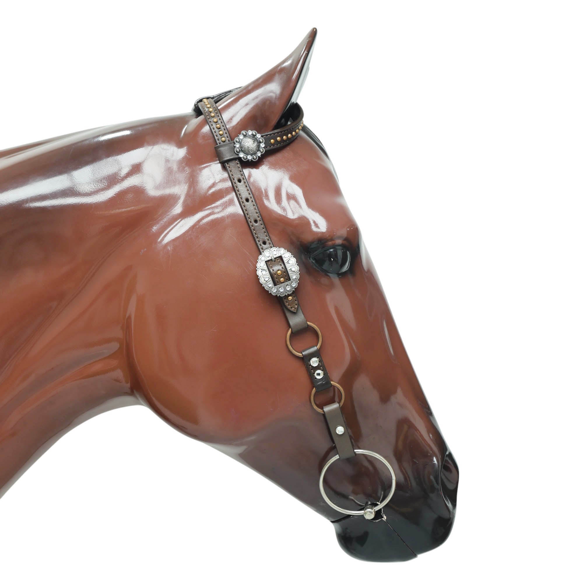 MOUSM Western Headstall Set – Featuring Copper Rings Connected by Leather Straps, Large Shining Rhinestones at the Center, Leather Lashes on the Breast Collar, and All Antique Copper Hardware