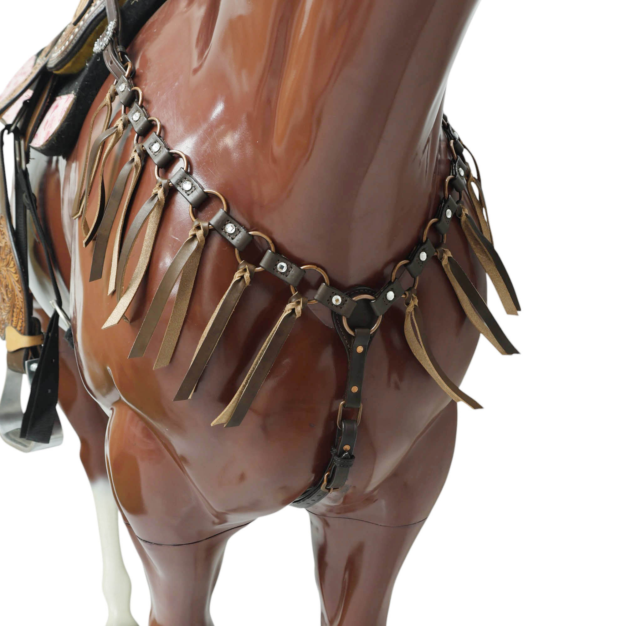 MOUSM Western Headstall Set – Featuring Copper Rings Connected by Leather Straps, Large Shining Rhinestones at the Center, Leather Lashes on the Breast Collar, and All Antique Copper Hardware