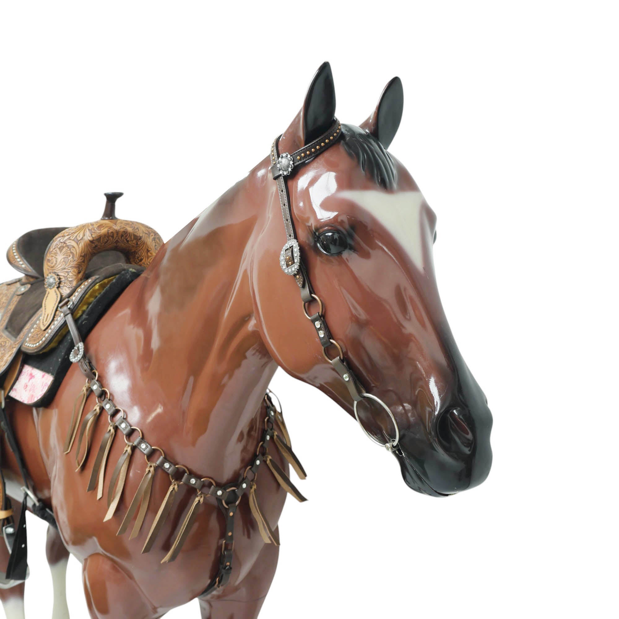 MOUSM Western Headstall Set – Featuring Copper Rings Connected by Leather Straps, Large Shining Rhinestones at the Center, Leather Lashes on the Breast Collar, and All Antique Copper Hardware