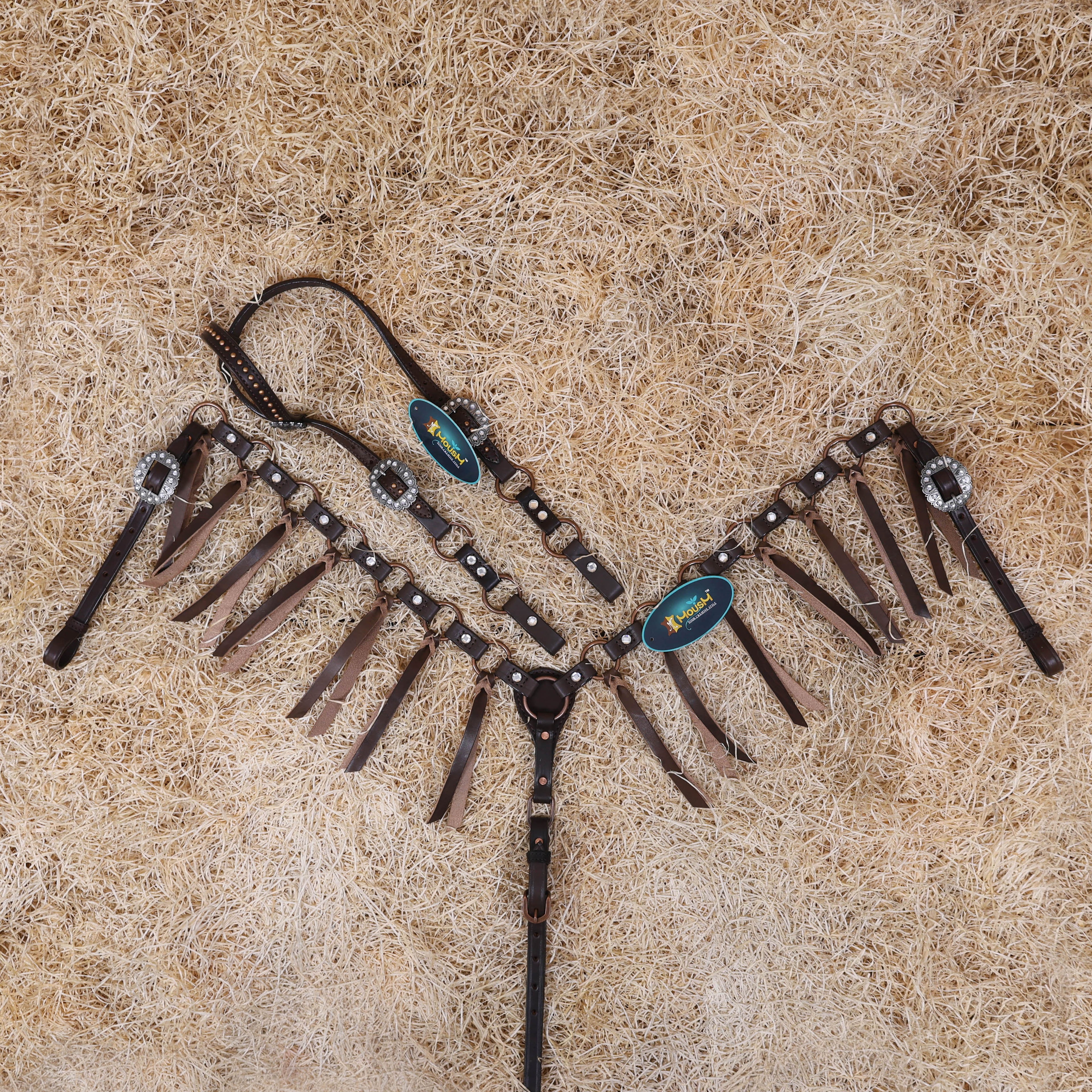 MOUSM Western Headstall Set – Featuring Copper Rings Connected by Leather Straps, Large Shining Rhinestones at the Center, Leather Lashes on the Breast Collar, and All Antique Copper Hardware