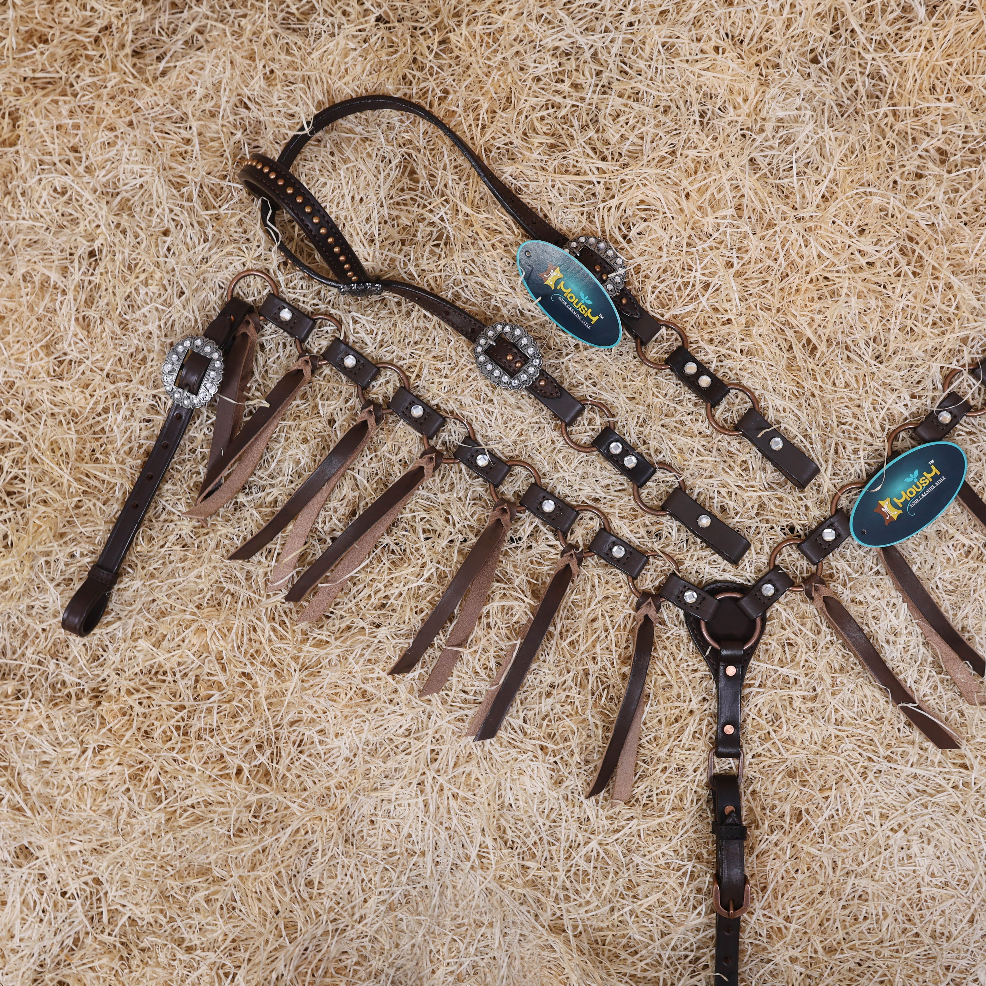 MOUSM Western Headstall Set – Featuring Copper Rings Connected by Leather Straps, Large Shining Rhinestones at the Center, Leather Lashes on the Breast Collar, and All Antique Copper Hardware