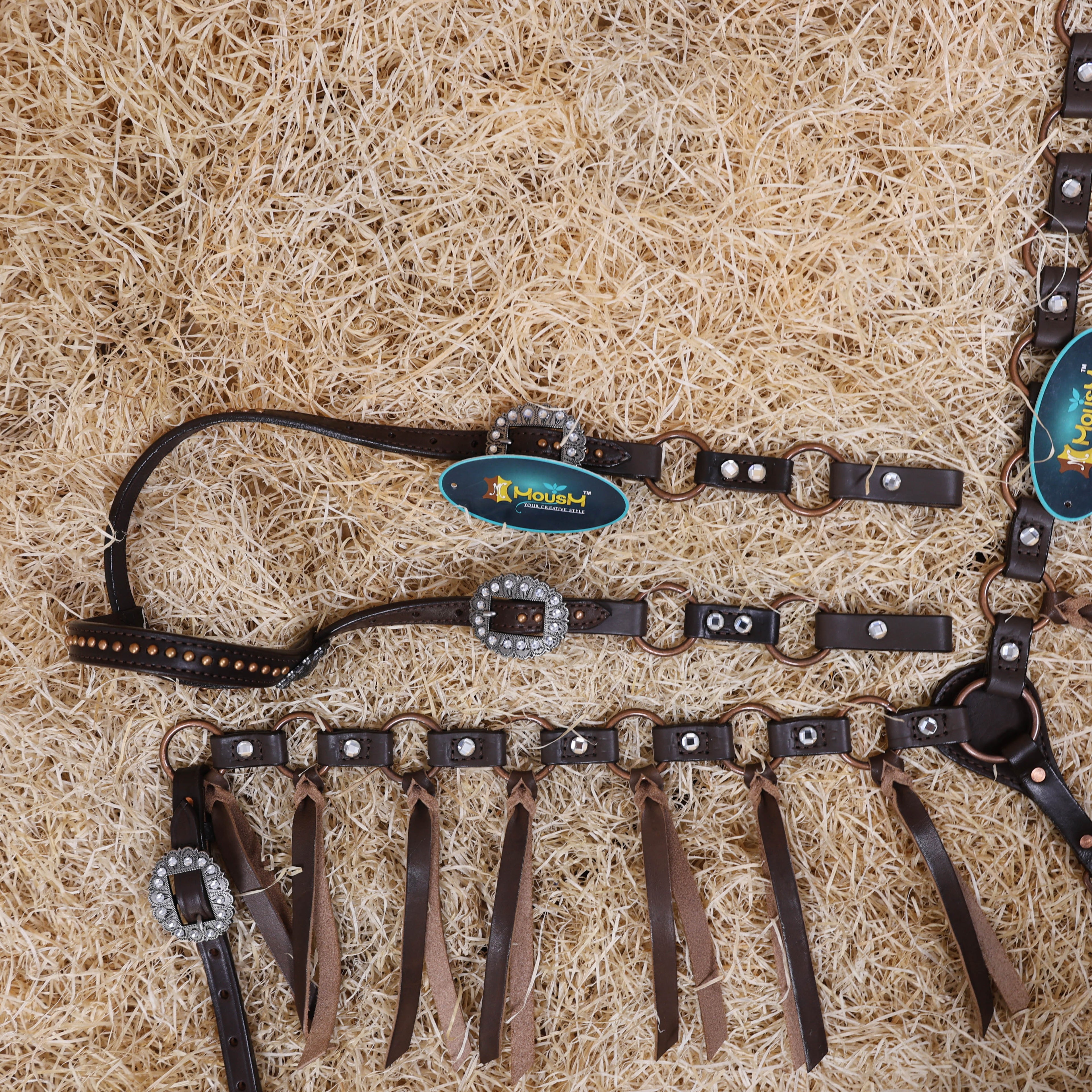 MOUSM Western Headstall Set – Featuring Copper Rings Connected by Leather Straps, Large Shining Rhinestones at the Center, Leather Lashes on the Breast Collar, and All Antique Copper Hardware