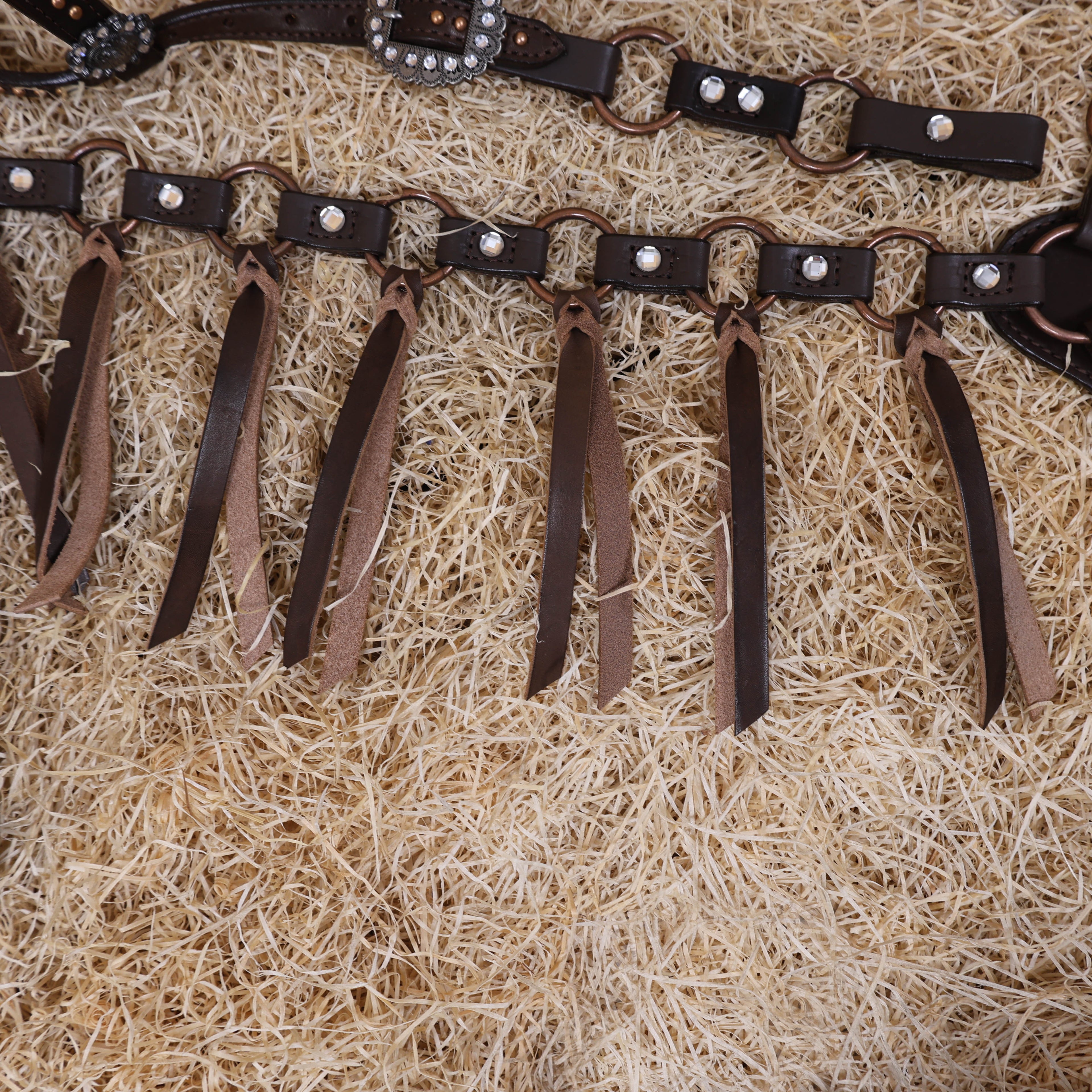 MOUSM Western Headstall Set – Featuring Copper Rings Connected by Leather Straps, Large Shining Rhinestones at the Center, Leather Lashes on the Breast Collar, and All Antique Copper Hardware