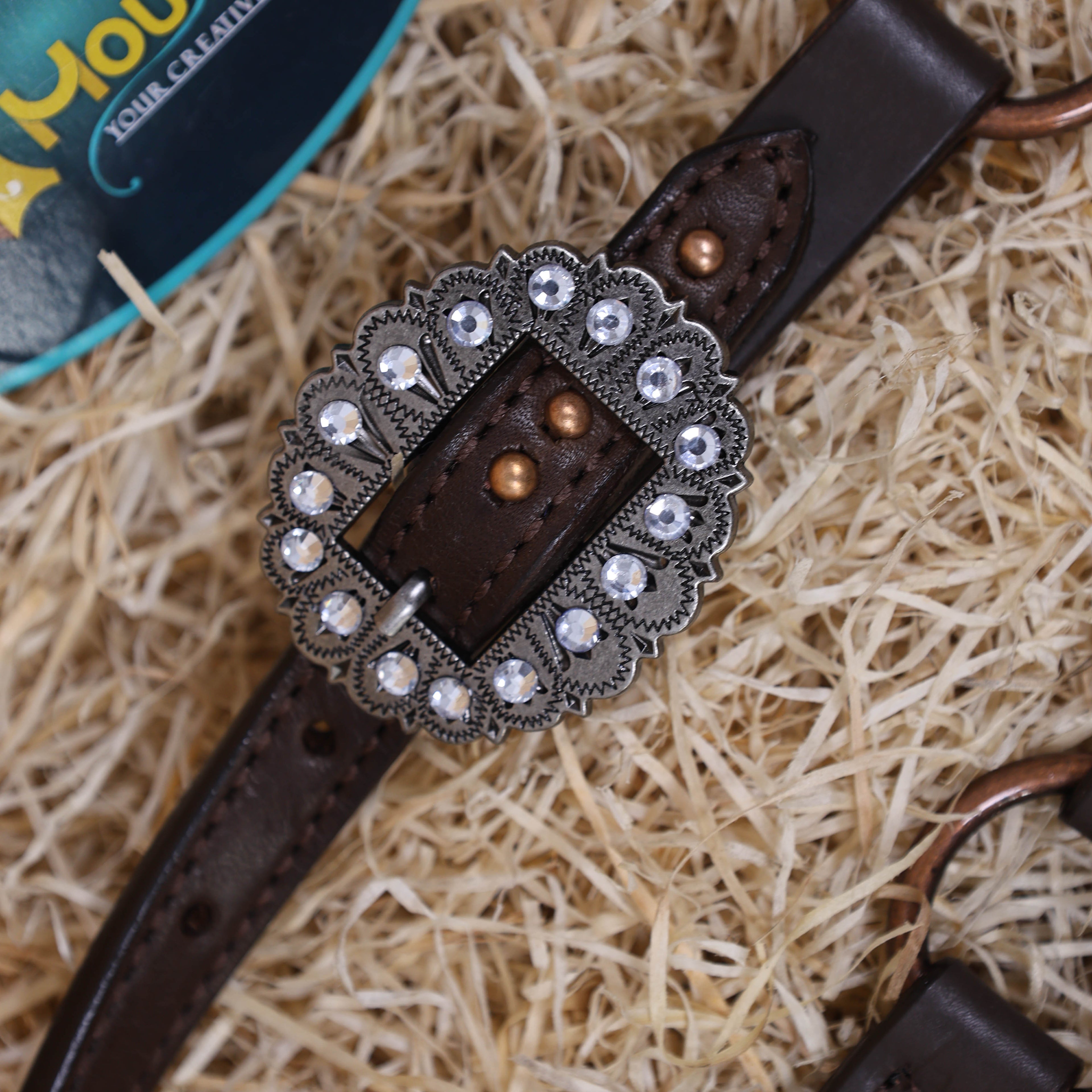 MOUSM Western Headstall Set – Featuring Copper Rings Connected by Leather Straps, Large Shining Rhinestones at the Center, Leather Lashes on the Breast Collar, and All Antique Copper Hardware