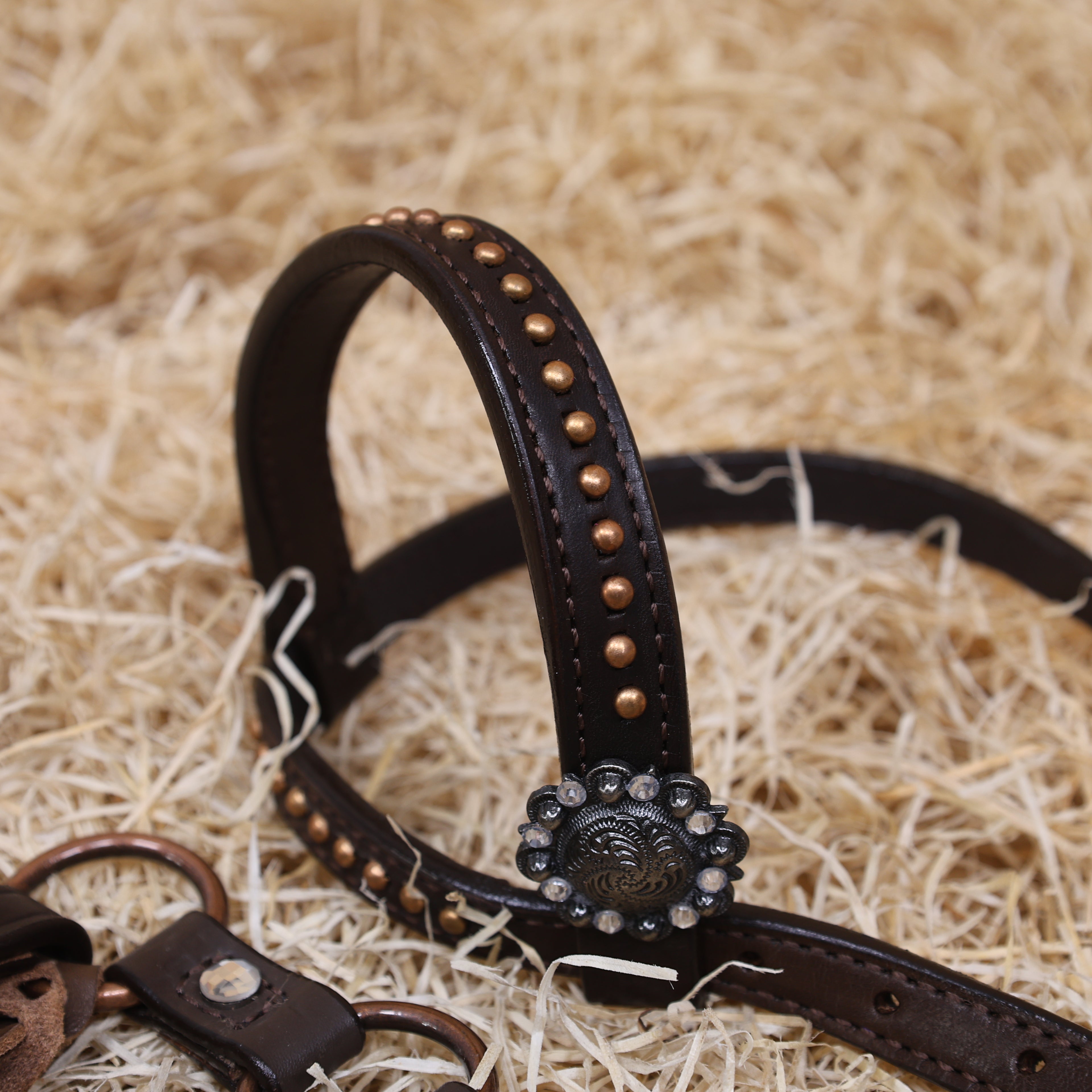 MOUSM Western Headstall Set – Featuring Copper Rings Connected by Leather Straps, Large Shining Rhinestones at the Center, Leather Lashes on the Breast Collar, and All Antique Copper Hardware