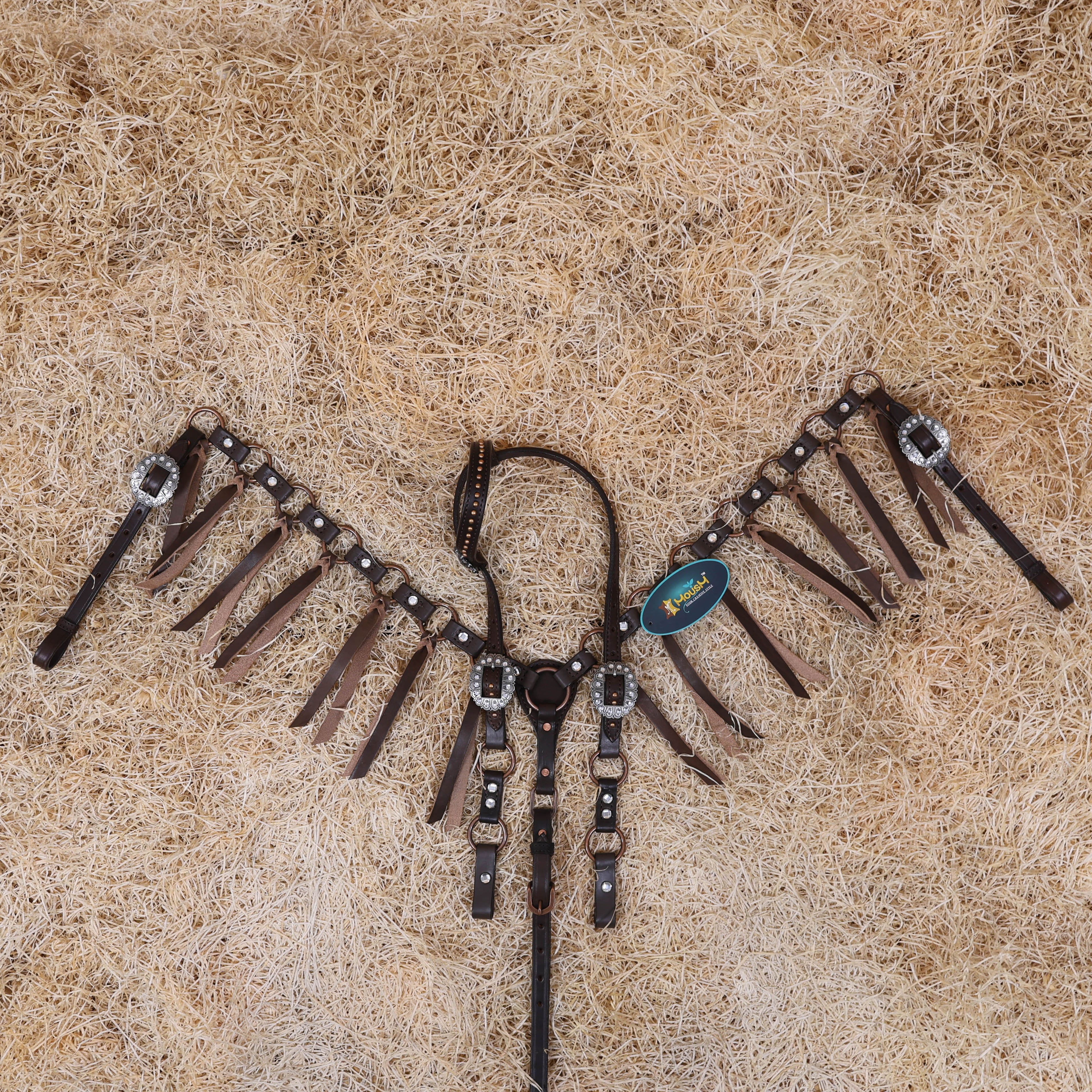 MOUSM Western Headstall Set – Featuring Copper Rings Connected by Leather Straps, Large Shining Rhinestones at the Center, Leather Lashes on the Breast Collar, and All Antique Copper Hardware