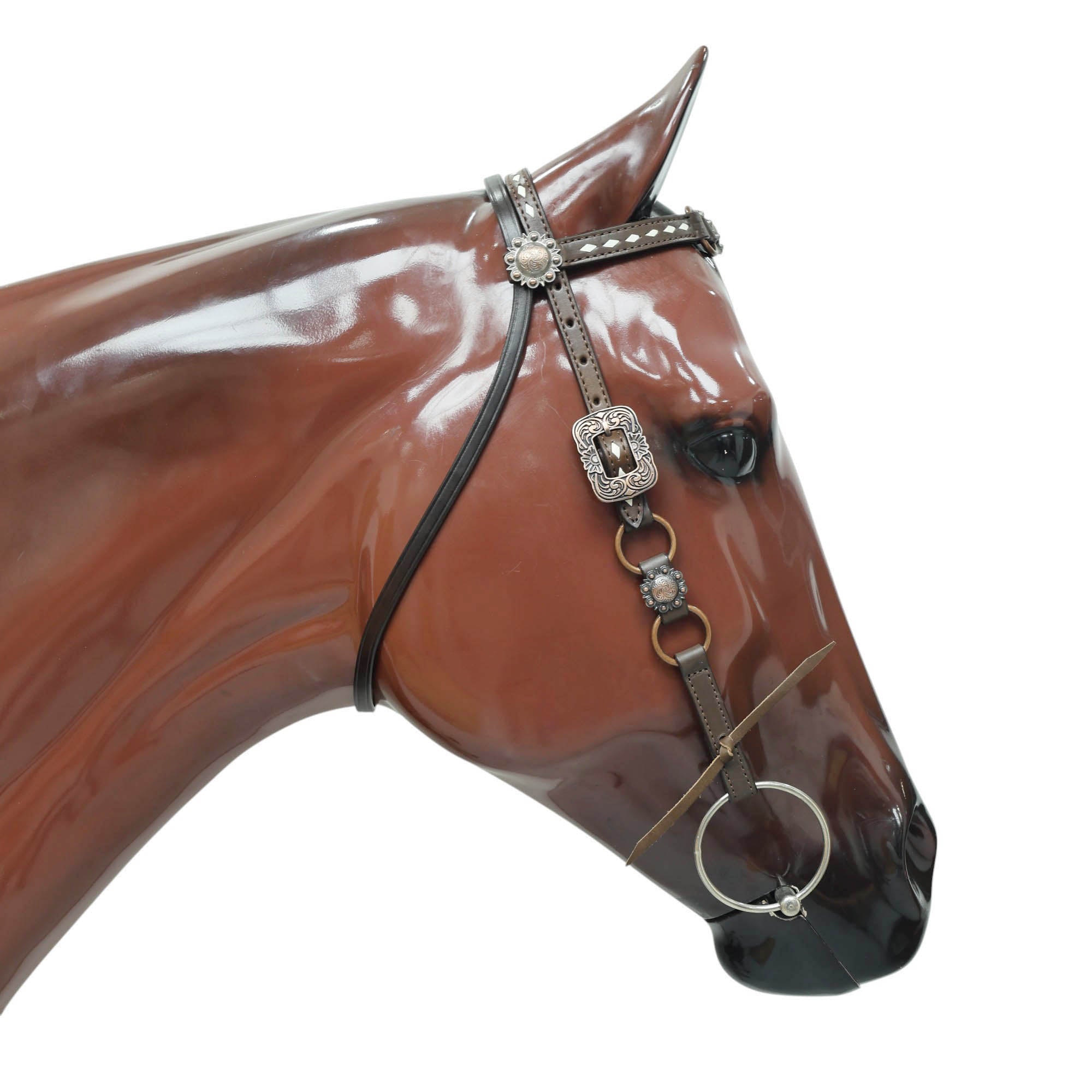 MOUSM Ring Headstall and Breast Collar Set - Decorated with Copper Rings Connected by Leather Strap, Congress Conchos at Center, Buck Stitching on Browband and Breast Collar, All Antique Copper Hardware