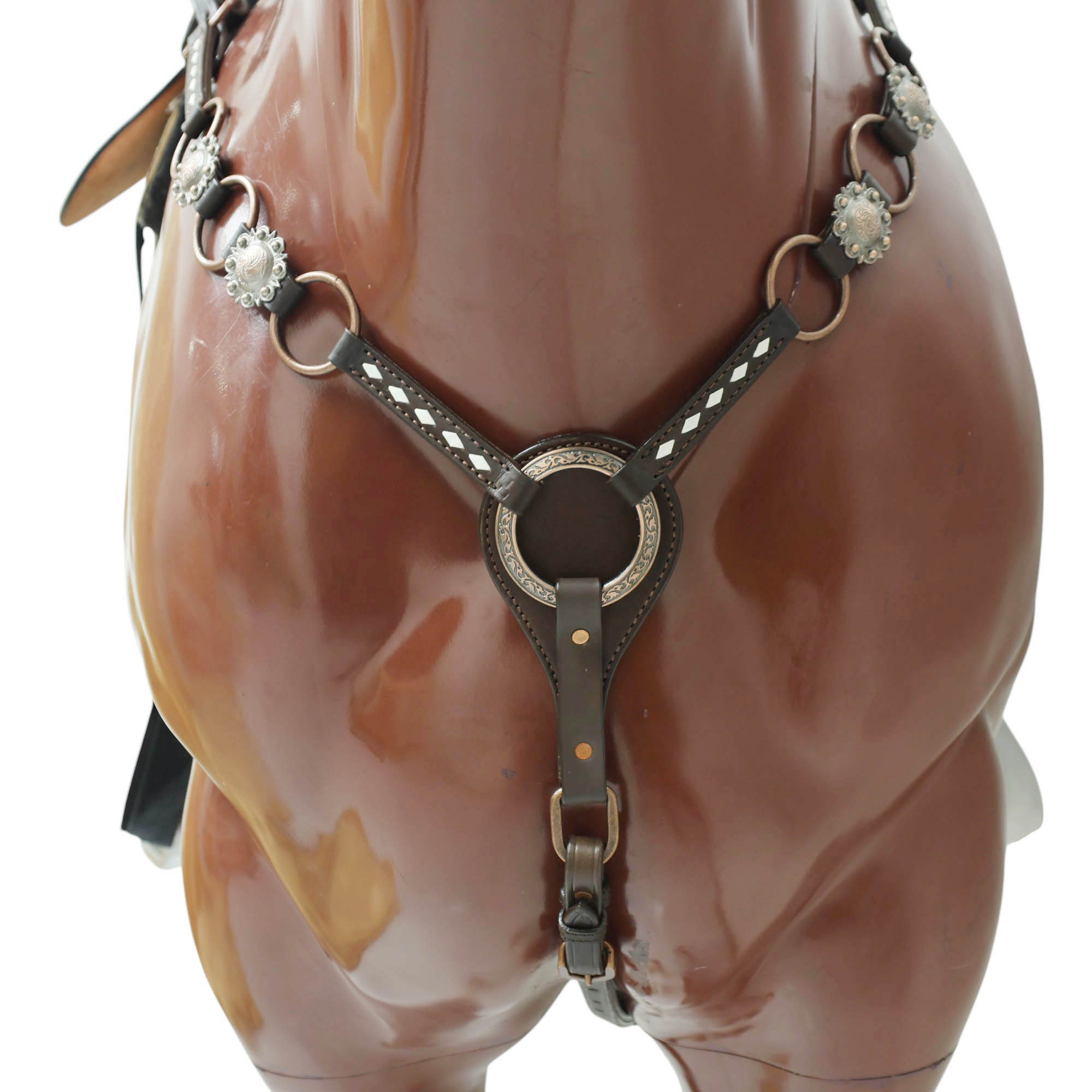 MOUSM Ring Headstall and Breast Collar Set - Decorated with Copper Rings Connected by Leather Strap, Congress Conchos at Center, Buck Stitching on Browband and Breast Collar, All Antique Copper Hardware