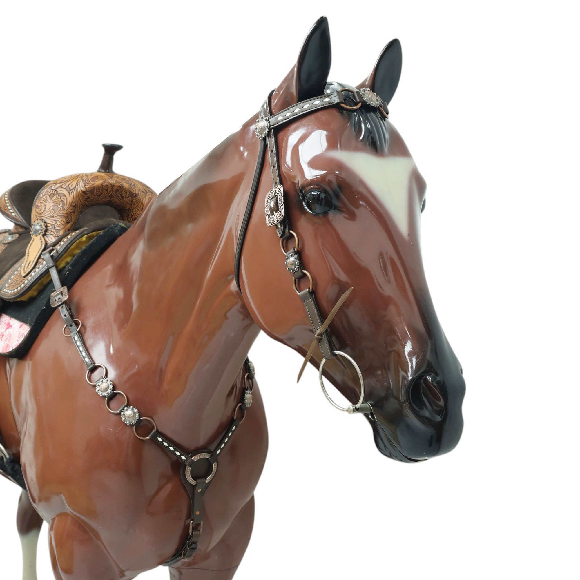 MOUSM Ring Headstall and Breast Collar Set - Decorated with Copper Rings Connected by Leather Strap, Congress Conchos at Center, Buck Stitching on Browband and Breast Collar, All Antique Copper Hardware