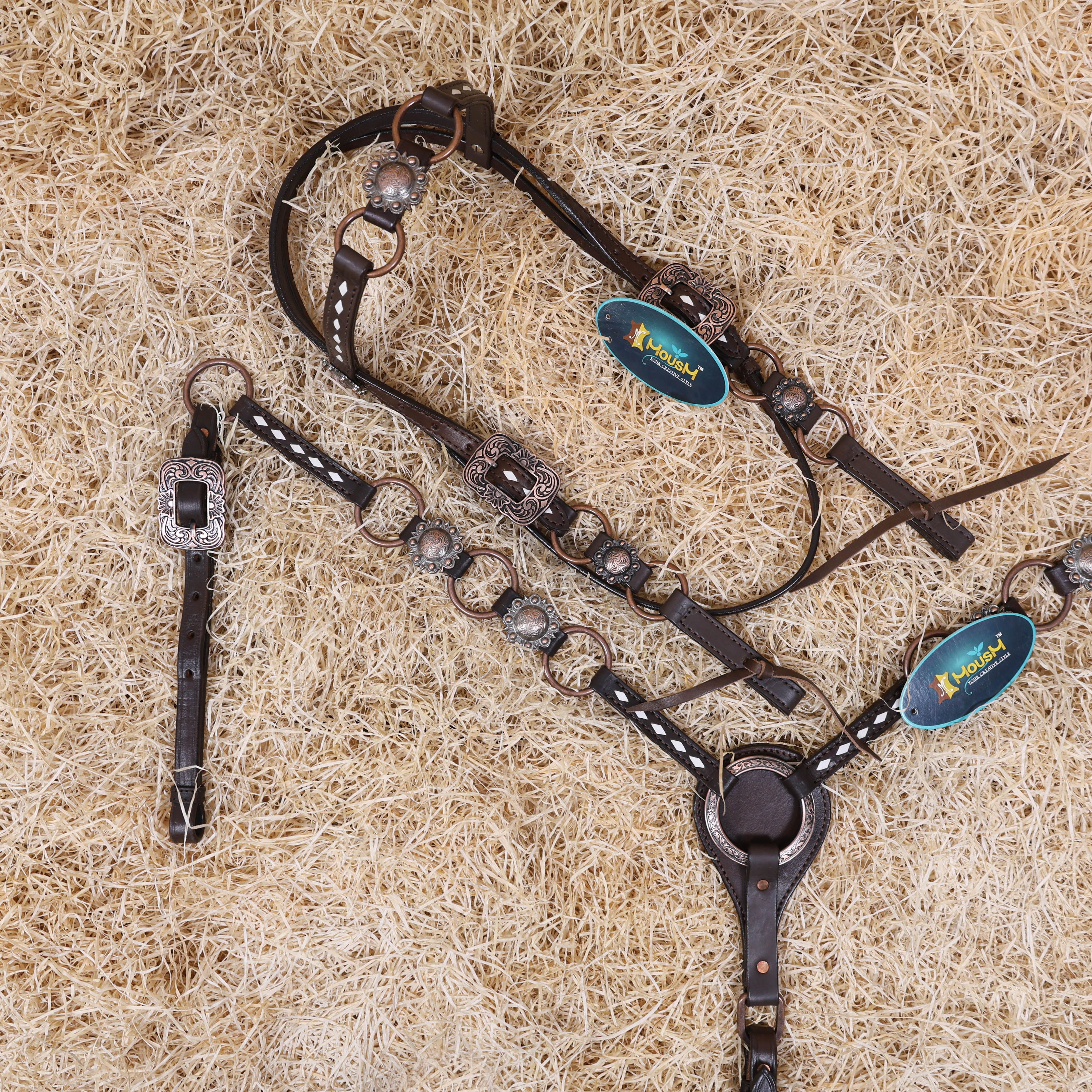 MOUSM Ring Headstall and Breast Collar Set - Decorated with Copper Rings Connected by Leather Strap, Congress Conchos at Center, Buck Stitching on Browband and Breast Collar, All Antique Copper Hardware