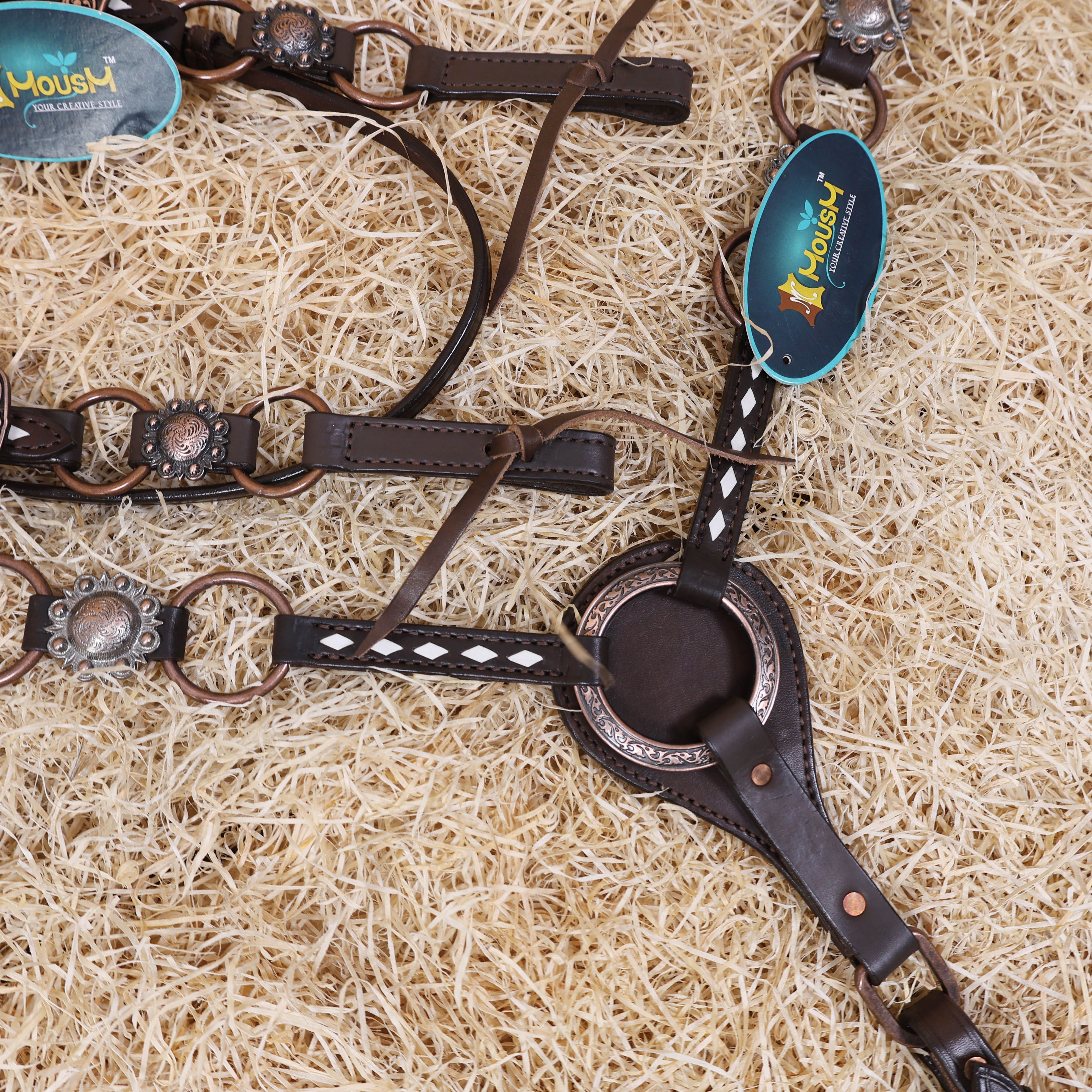 MOUSM Ring Headstall and Breast Collar Set - Decorated with Copper Rings Connected by Leather Strap, Congress Conchos at Center, Buck Stitching on Browband and Breast Collar, All Antique Copper Hardware