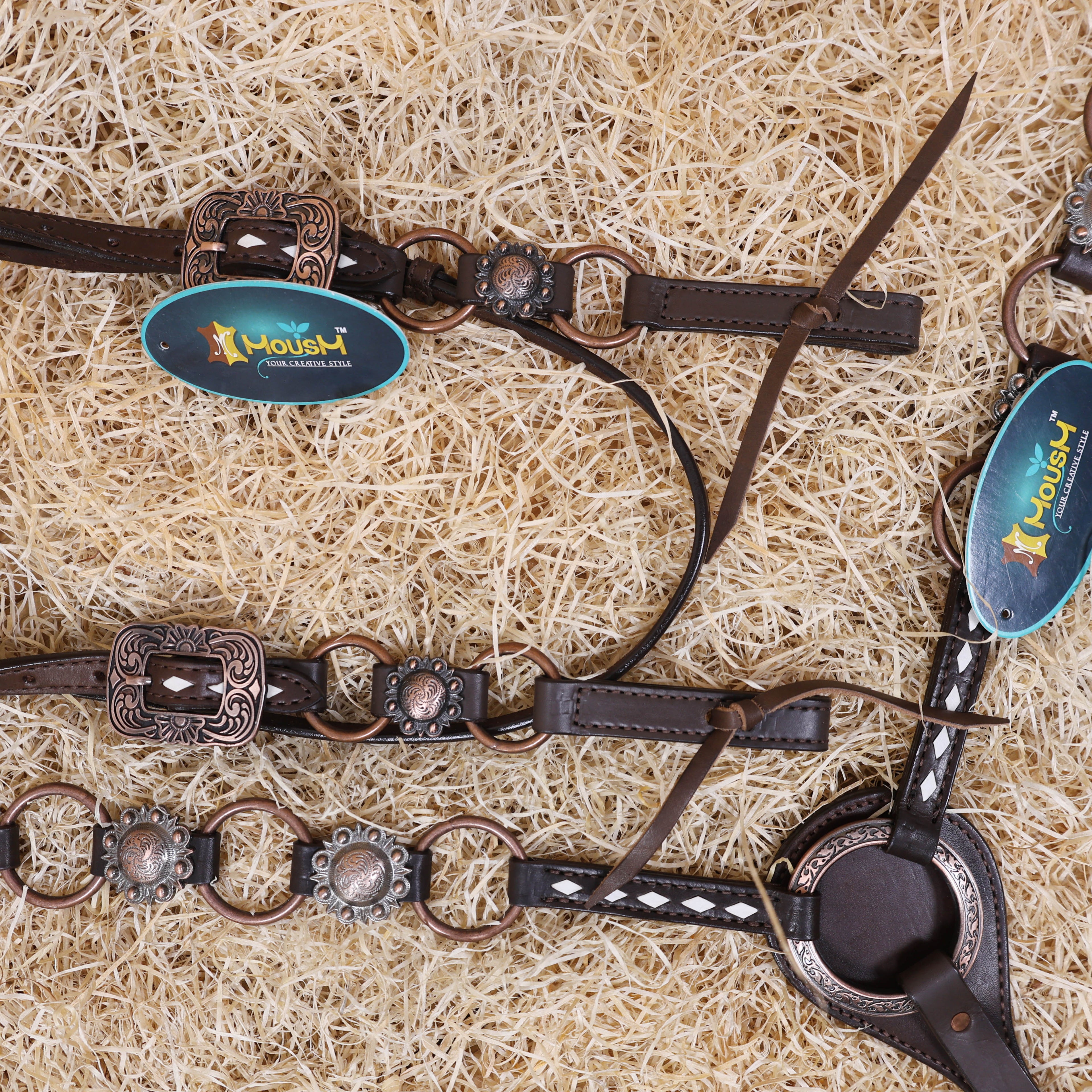 MOUSM Ring Headstall and Breast Collar Set - Decorated with Copper Rings Connected by Leather Strap, Congress Conchos at Center, Buck Stitching on Browband and Breast Collar, All Antique Copper Hardware