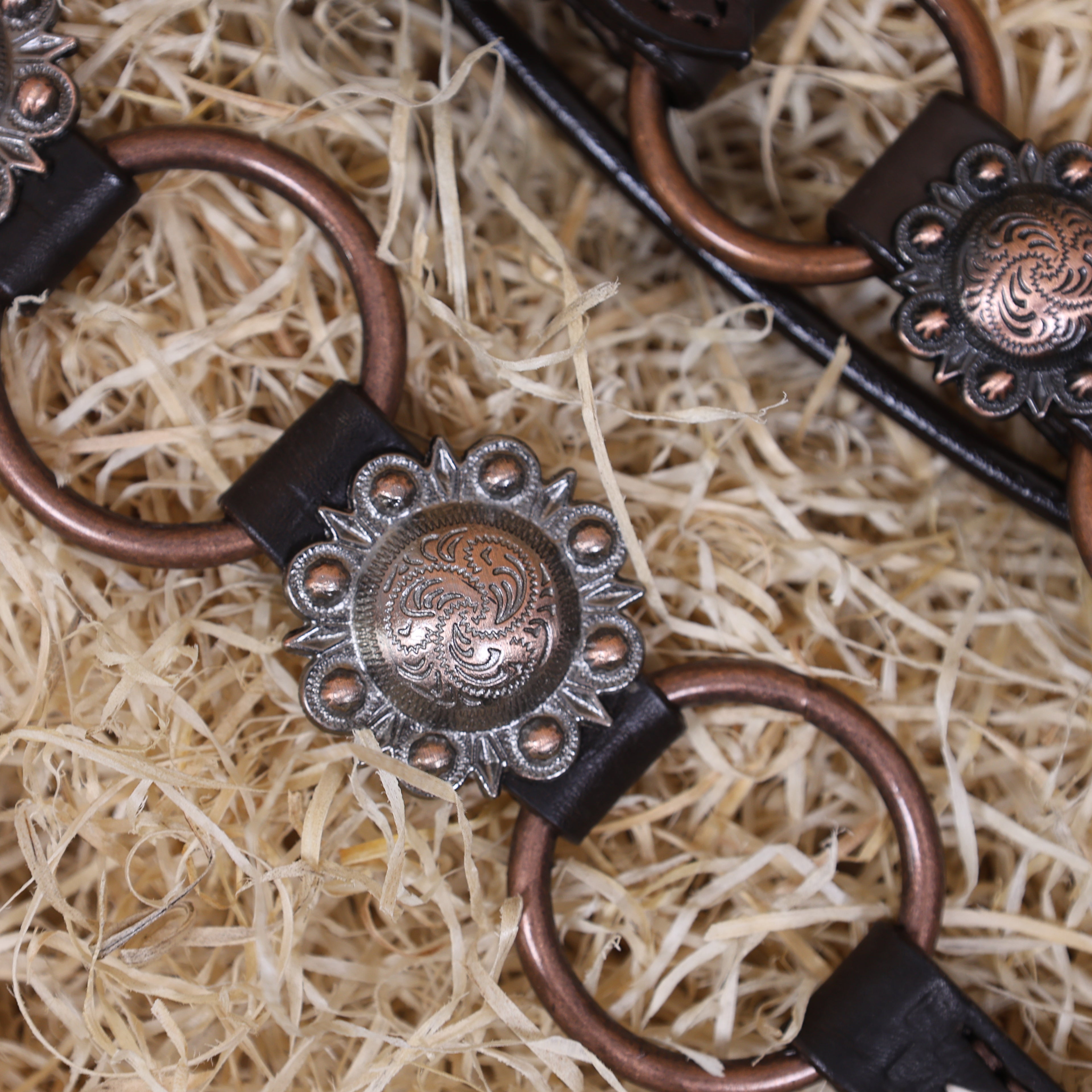 MOUSM Ring Headstall and Breast Collar Set - Decorated with Copper Rings Connected by Leather Strap, Congress Conchos at Center, Buck Stitching on Browband and Breast Collar, All Antique Copper Hardware