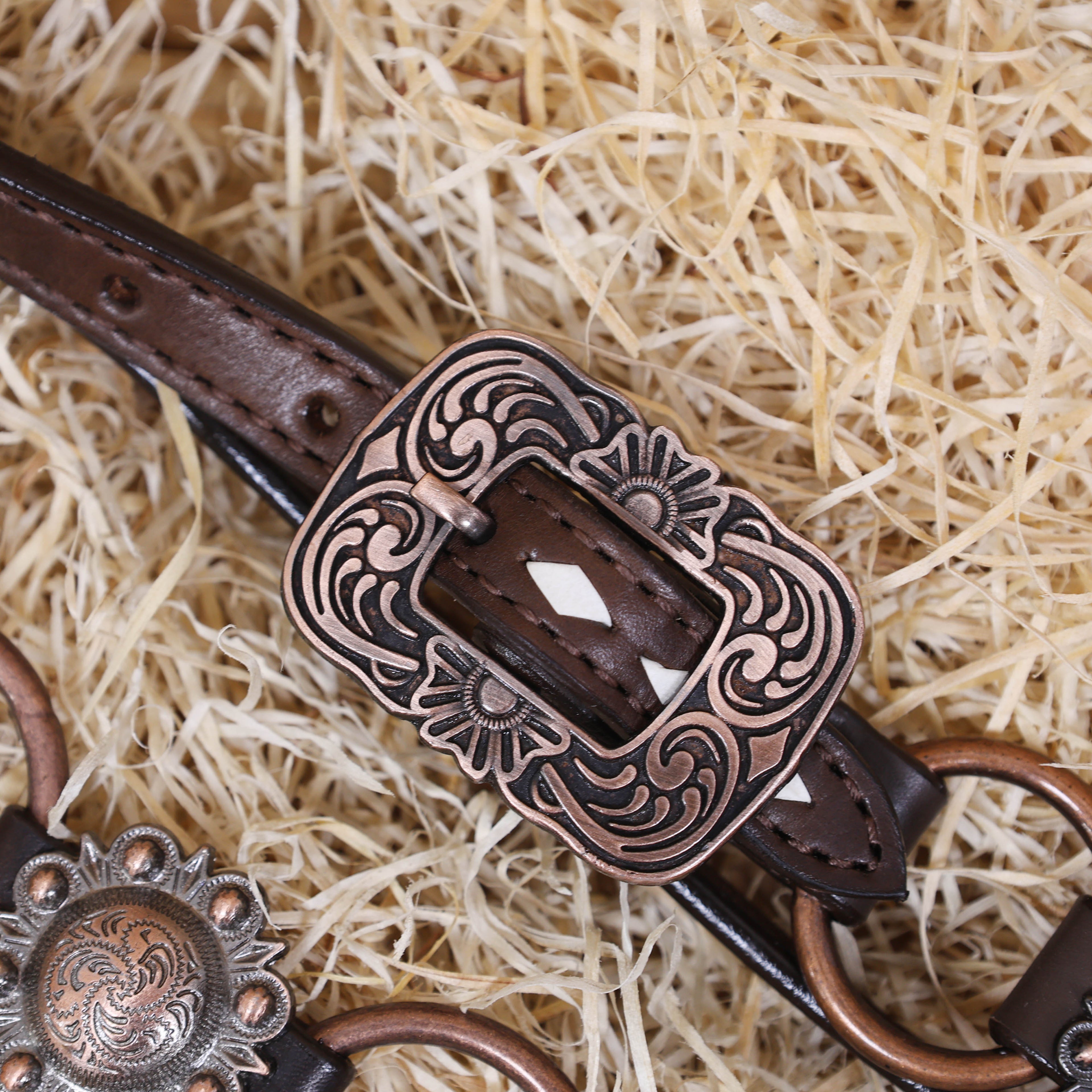 MOUSM Ring Headstall and Breast Collar Set - Decorated with Copper Rings Connected by Leather Strap, Congress Conchos at Center, Buck Stitching on Browband and Breast Collar, All Antique Copper Hardware