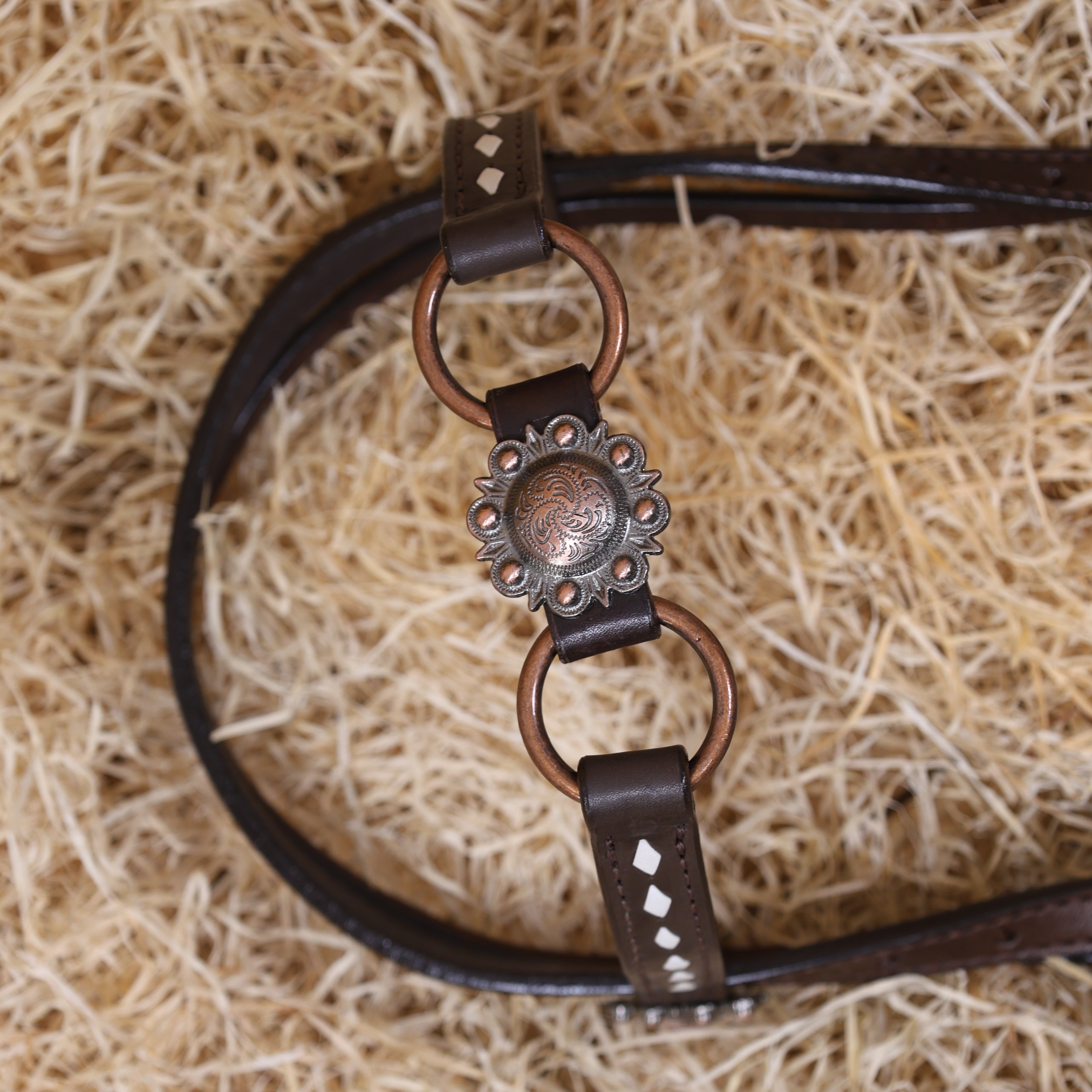 MOUSM Ring Headstall and Breast Collar Set - Decorated with Copper Rings Connected by Leather Strap, Congress Conchos at Center, Buck Stitching on Browband and Breast Collar, All Antique Copper Hardware