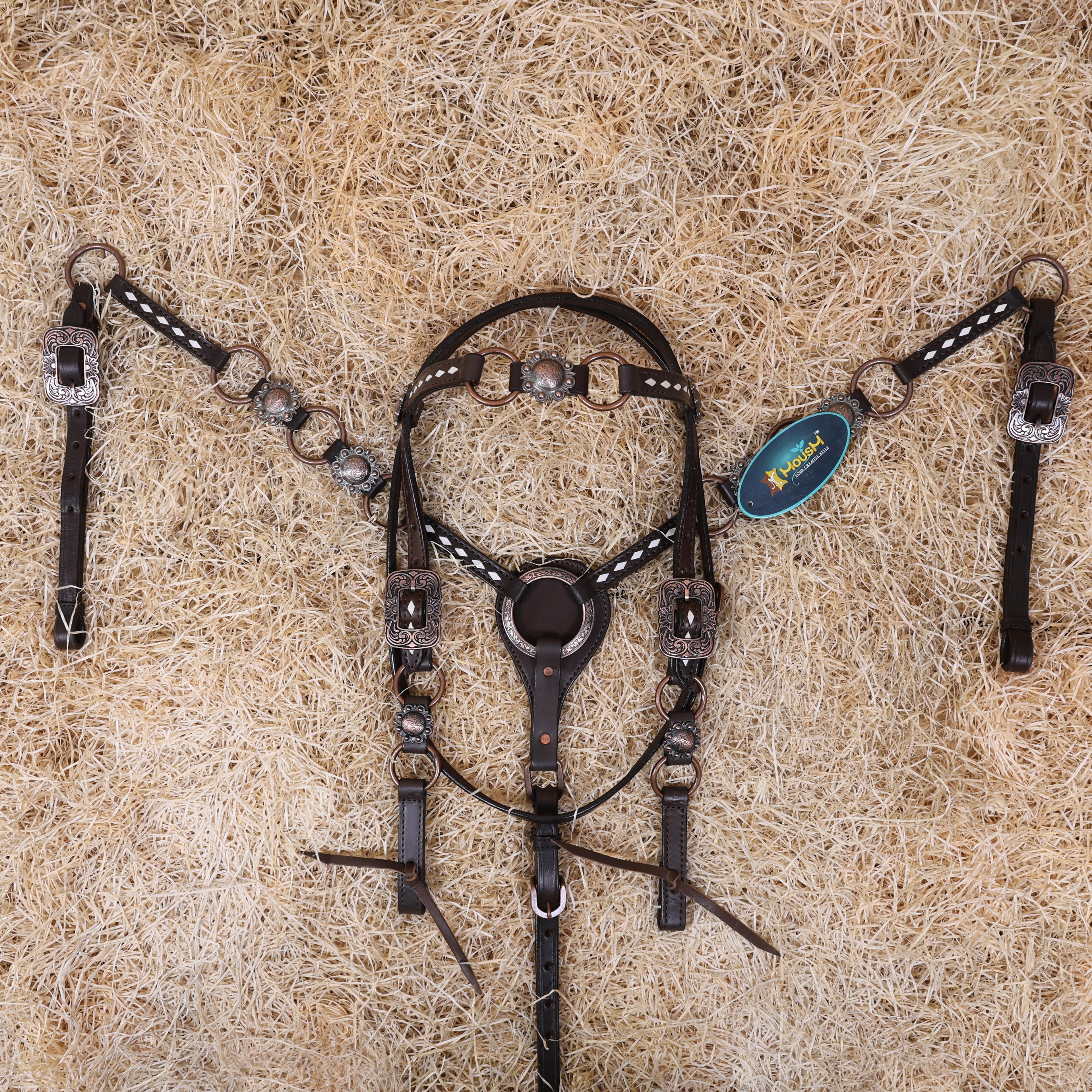MOUSM Ring Headstall and Breast Collar Set - Decorated with Copper Rings Connected by Leather Strap, Congress Conchos at Center, Buck Stitching on Browband and Breast Collar, All Antique Copper Hardware